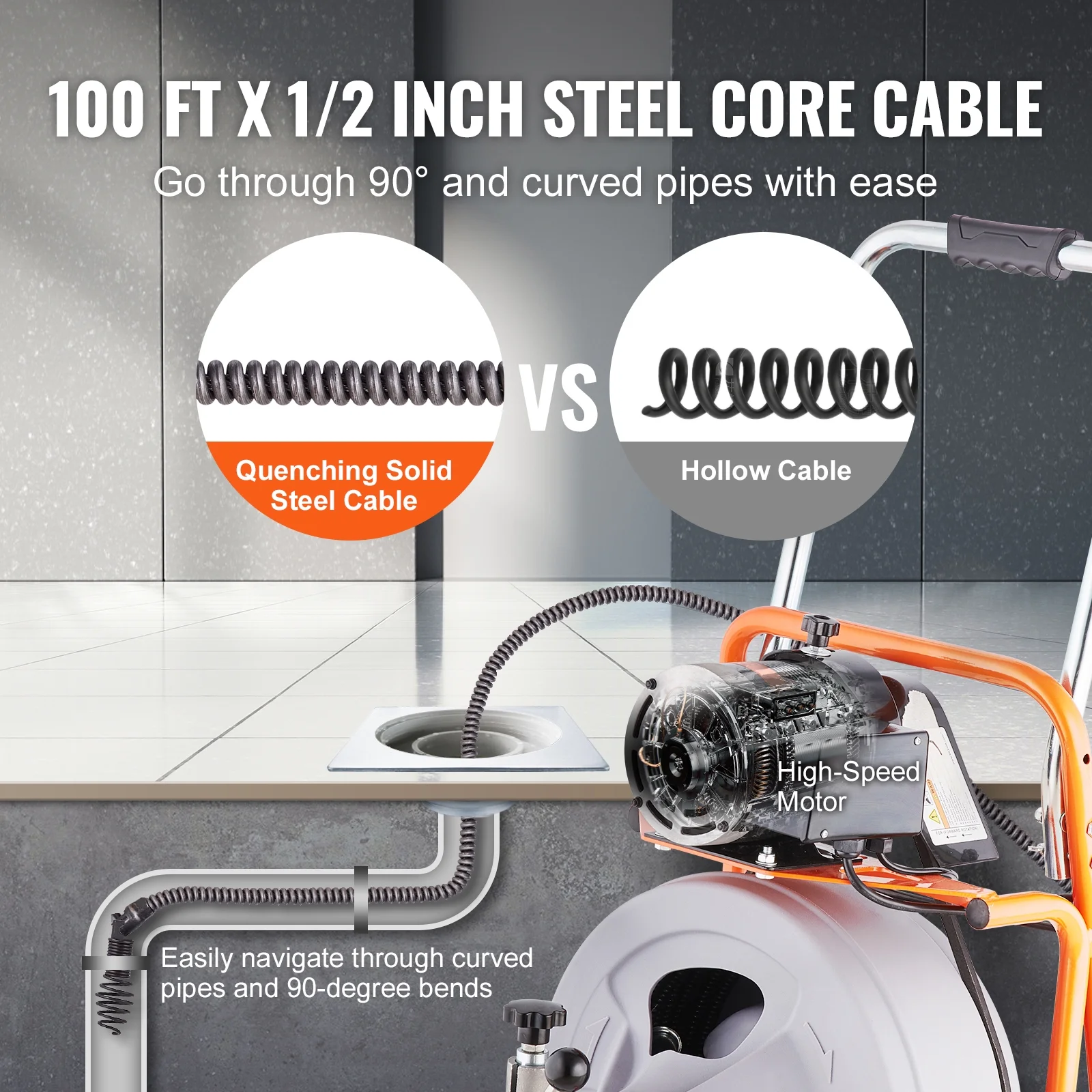 KFFKFF Drain Cleaning Machine, 100FT x 1/2 Inch, Self-feeding, Mobile Drain Auger with 8 Blades & Pneumatic Foot Pedal, Ideal for 2"-4" Pipes