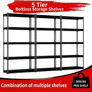 Shuntong The Atlas 60"H Heavy Duty Garage Shelving, 5-Tier Metal Shelving Unit, Adjustable Storage Rack, Industrial Strength Shelves for Heavy Tools and Equipment, Black, Load 2500 lbs