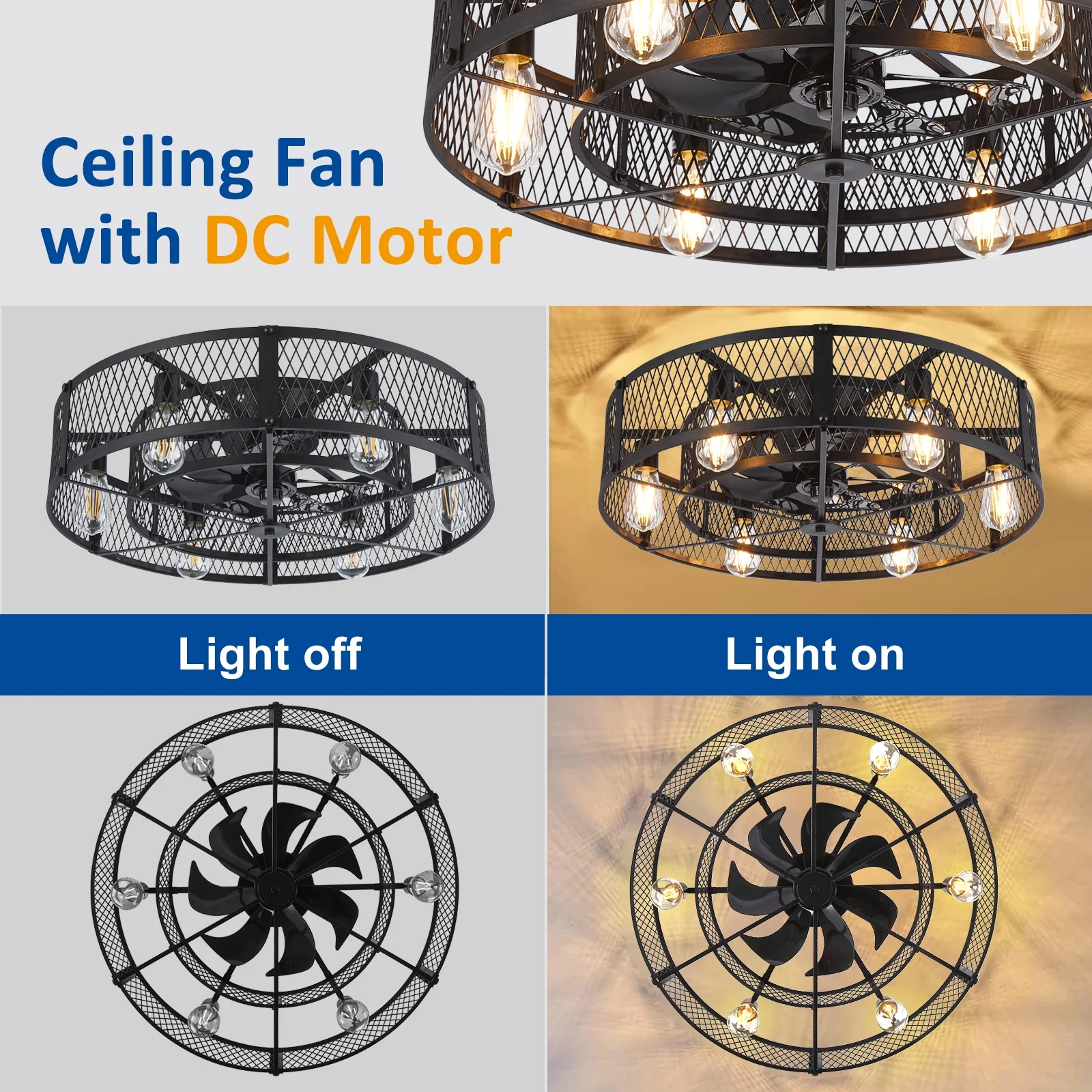 26 - Inch Farmhouse Caged Ceiling Fan with Light, Remote & APP Control Quiet DC Motor E26 Bulbs Included Black