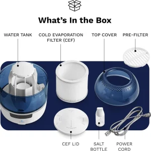 Bedroom Evaporative Humidifier, Humidifier and Air Purifier in One, with HOCL Generator, Mildew Remover, Pet Smoking Odor Eliminator, 538 Square Feet, Blue