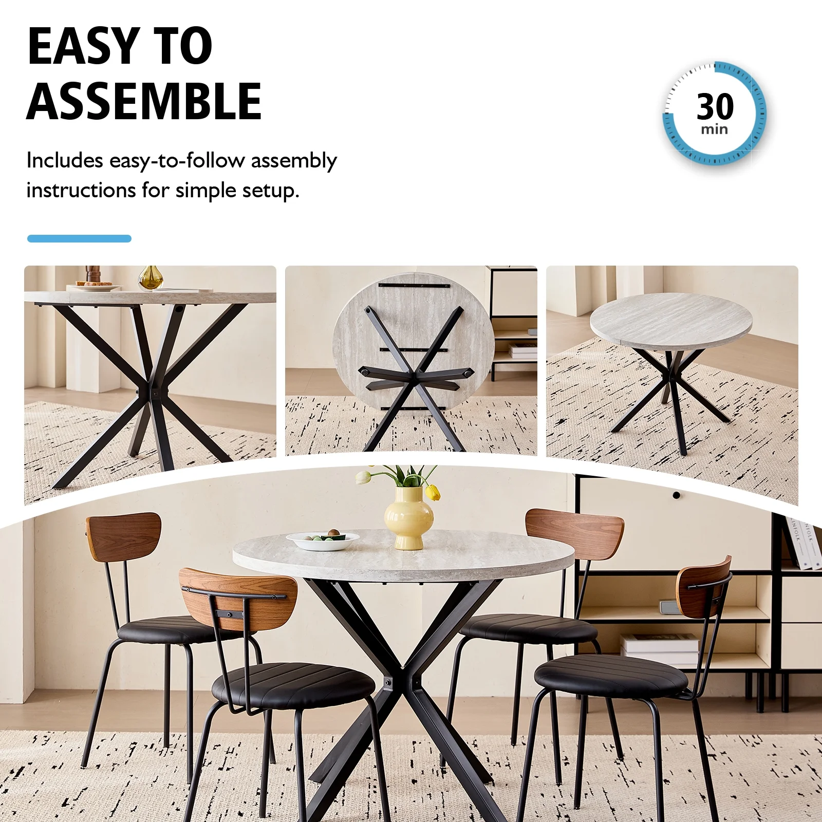 39- Round Dining Table, Modern Small Kitchen Table for 4 with X-Shaped Metal Legs and 1.2" Thickness Tabletop for Kitchen Dining Room, Coffee Table, Oak