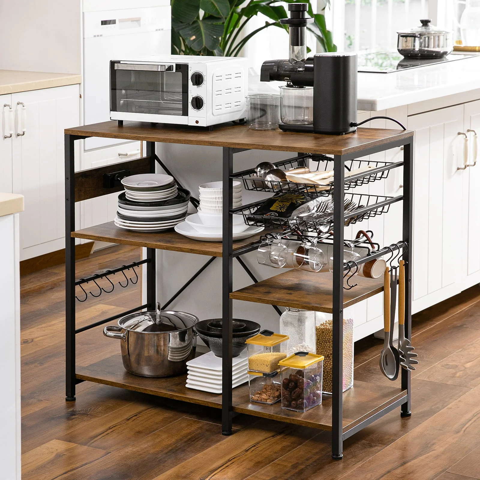 Dinaza Baker's Rack with Power Outlet 4 Tier Microwave Stand with Kitchen Storage Shelf Rack Mug Holder 10 S-Shaped Hooks for Kitchen Living Room Coffee Bar Station