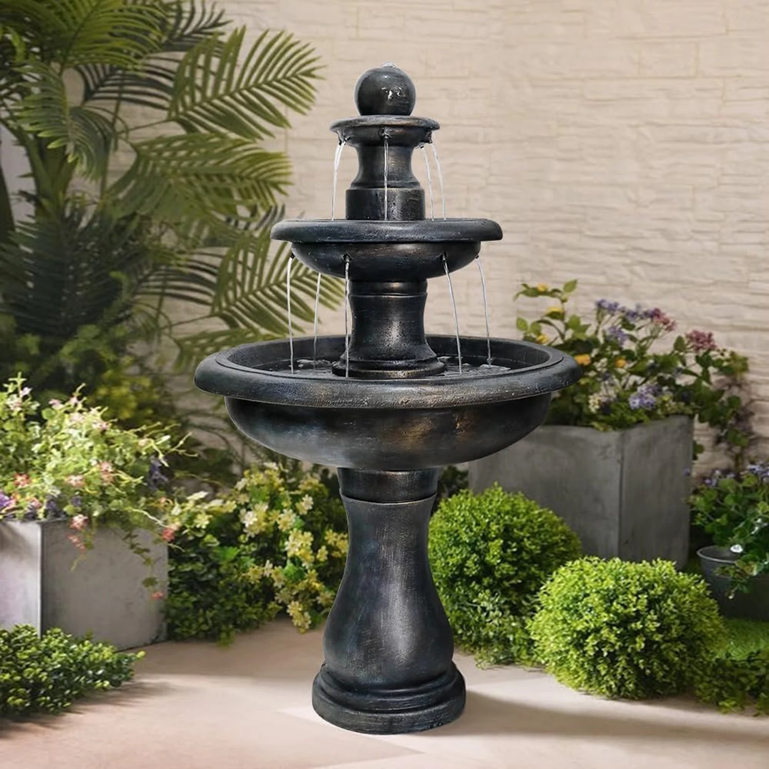 48-?H Outdoor Floor Water Fountain, 3-Tiers Concrete Water Fountain with Submersible Electric Pump - Garden Cascading Waterfall for Yard Patio Lawn Home Decor