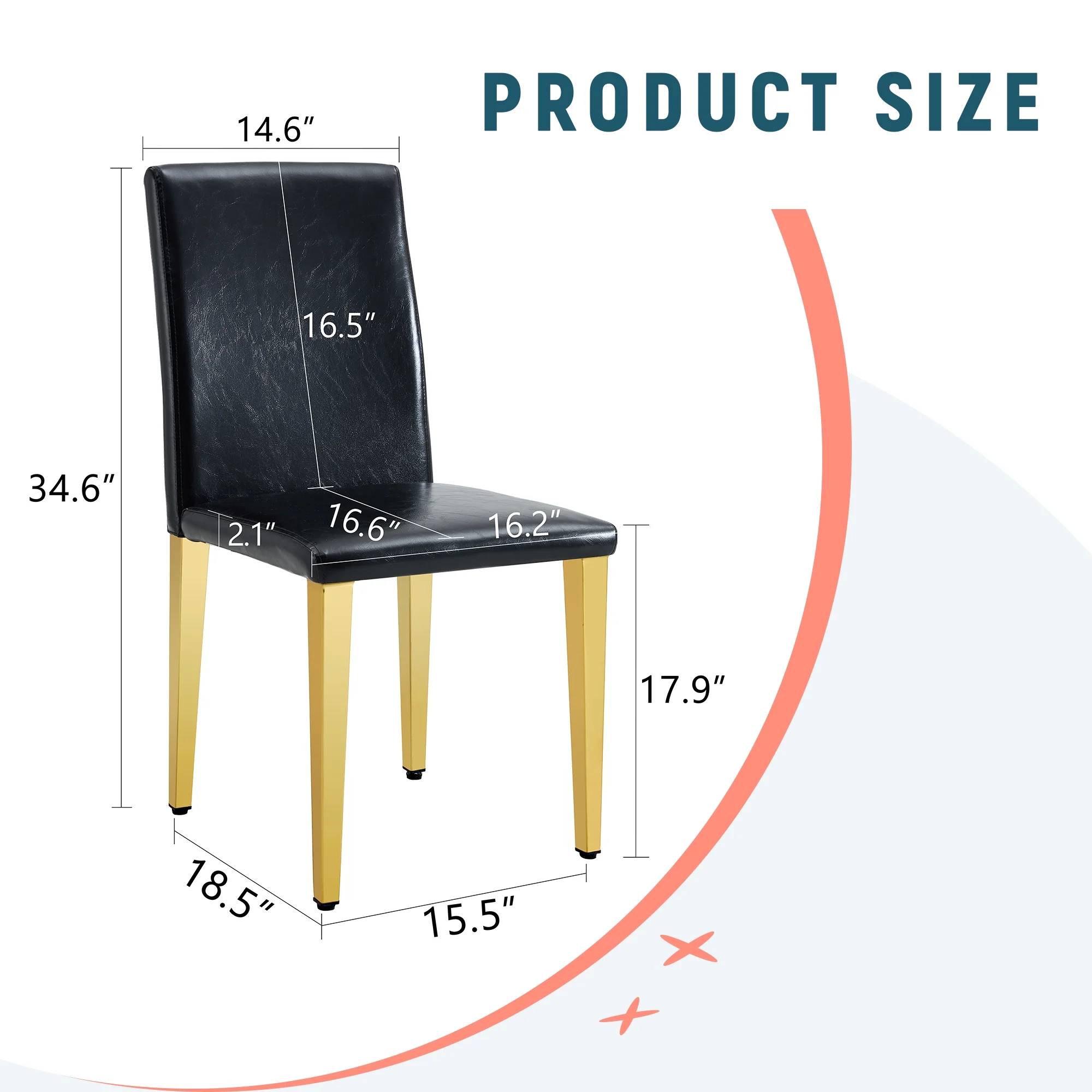 Set of 4 black PU leather backrest chairs with gold metal legs -A perfect pairing, ideal for minimalist and modern home decor styles, with product dimensions of 16.2*18.5*34.6 inches.
