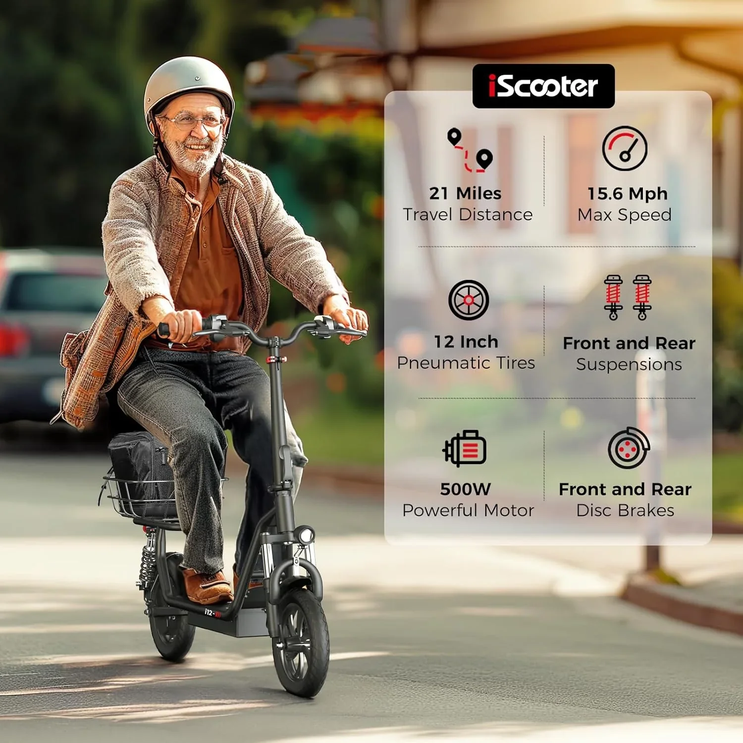 iScooter electric scooter with seat, 37/21 mile range, 28/19/15.6 mph top speed, dual suspension scooter with basket