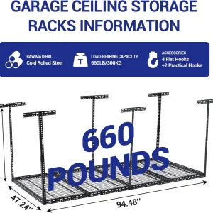 Pinypikaka 4'x8' Overhead Garage Storage Rack, 22"-40" Height Adjustable Ceiling Storage Rack 660lbs Weight Capacity, Heavy Duty Hanging Storage Shelves for Garage, Attic, Basement