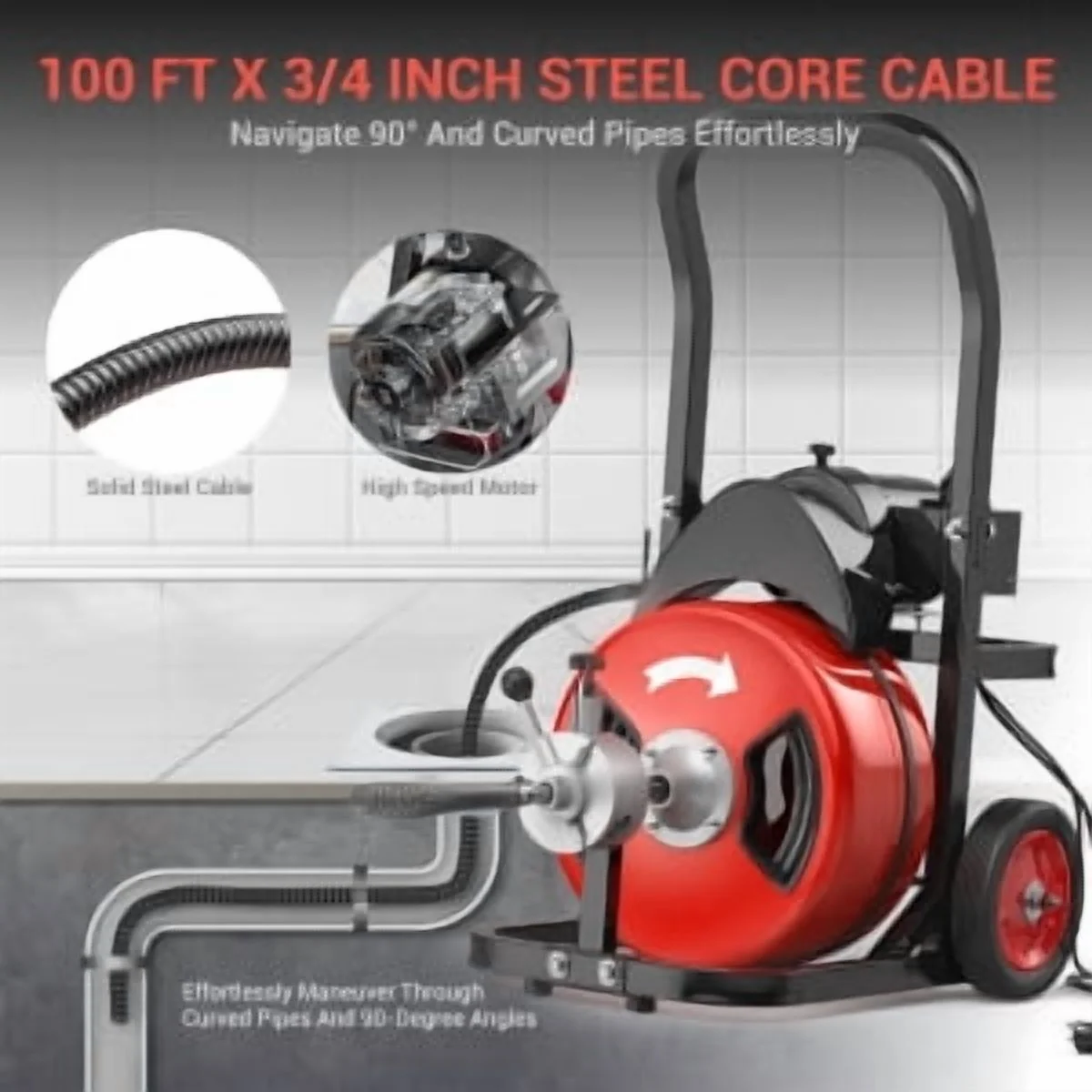 Drain Cleaner Machine 75Ftx1/2Inch,450W Portable Drain Cleaning Machine with 6 Cutters,Gloves,Portable Electric Drain Auger Cleaner for 2" to 4" Pipes