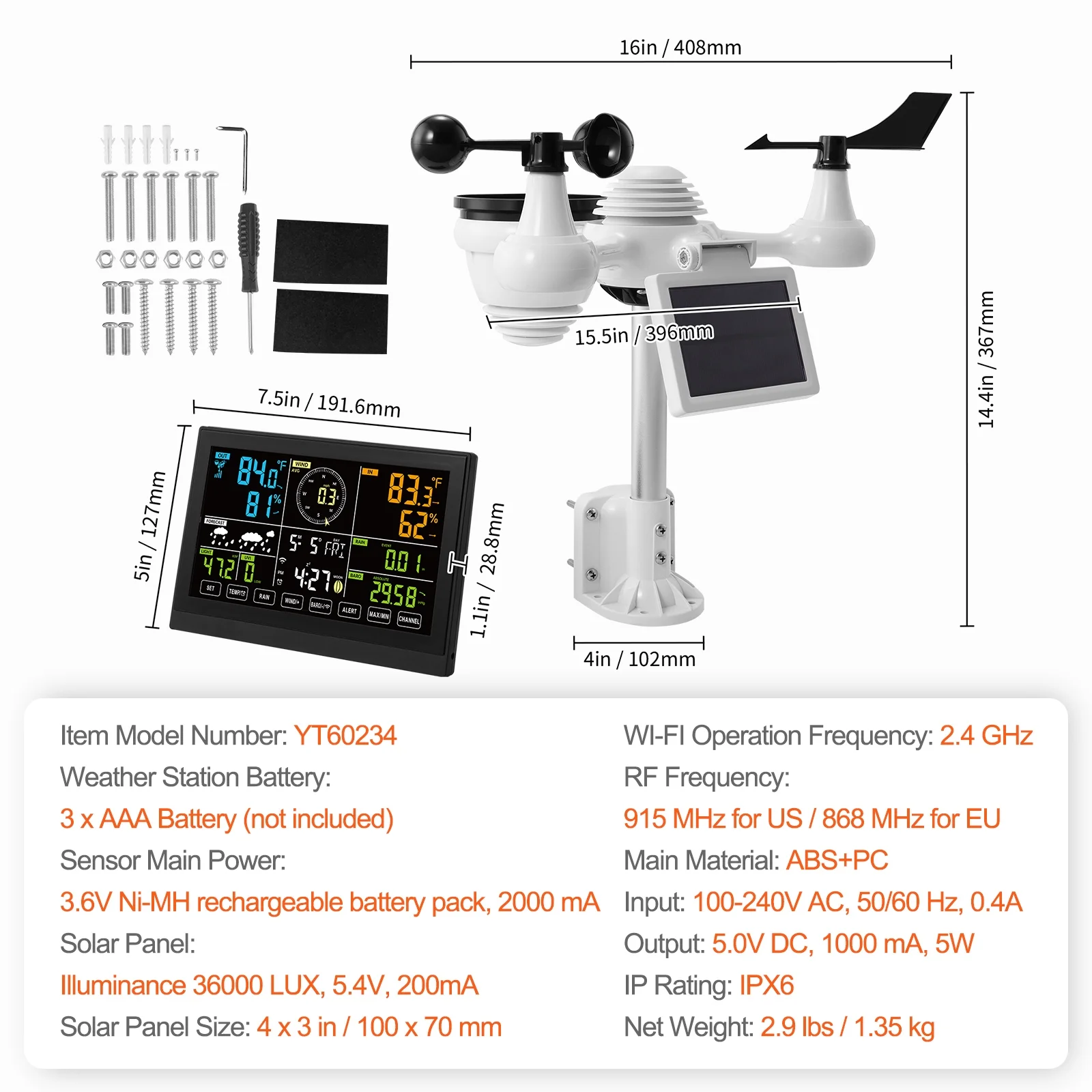 BENTISM 7 in 1 Wi-Fi Wireless Weather Station, for Indoor and Outdoor Temperature and Humidity, Wind Speed/Direction, Rainfall, with Built-in Barometer and 7.5in Digital Color Display