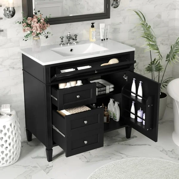 36" Bathroom Vanity with Single Sink Combo, Modern Undermount Bathroom Sink Cabinet with 2 Drawers and a Tip-Out Drawer, Freestanding Bathroom Vanities, Soft Closing, Solid Wood Frame