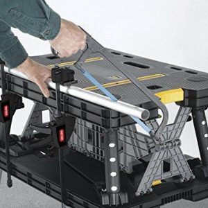 Keter ?C 197283 Folding Table Work Bench for Miter Saw Stand Woodworking Tools and Accessories with Included 12 Inch Wood Clamps ?C Easy Garage Storage Black/Yellow