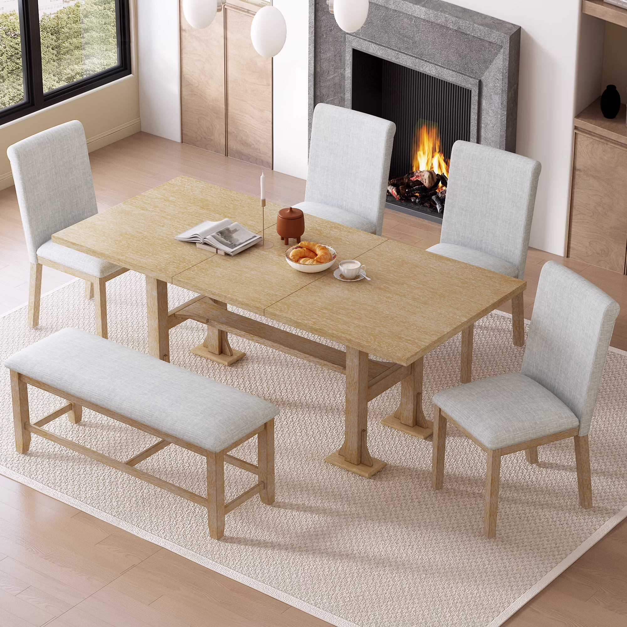 Harper & Bright Designs 6 Pieces Dining Table Set with Bench for 6, Kitchen Table Set with Storage Drawer and 4 Upholstered Dining Chairs, Dark Brown