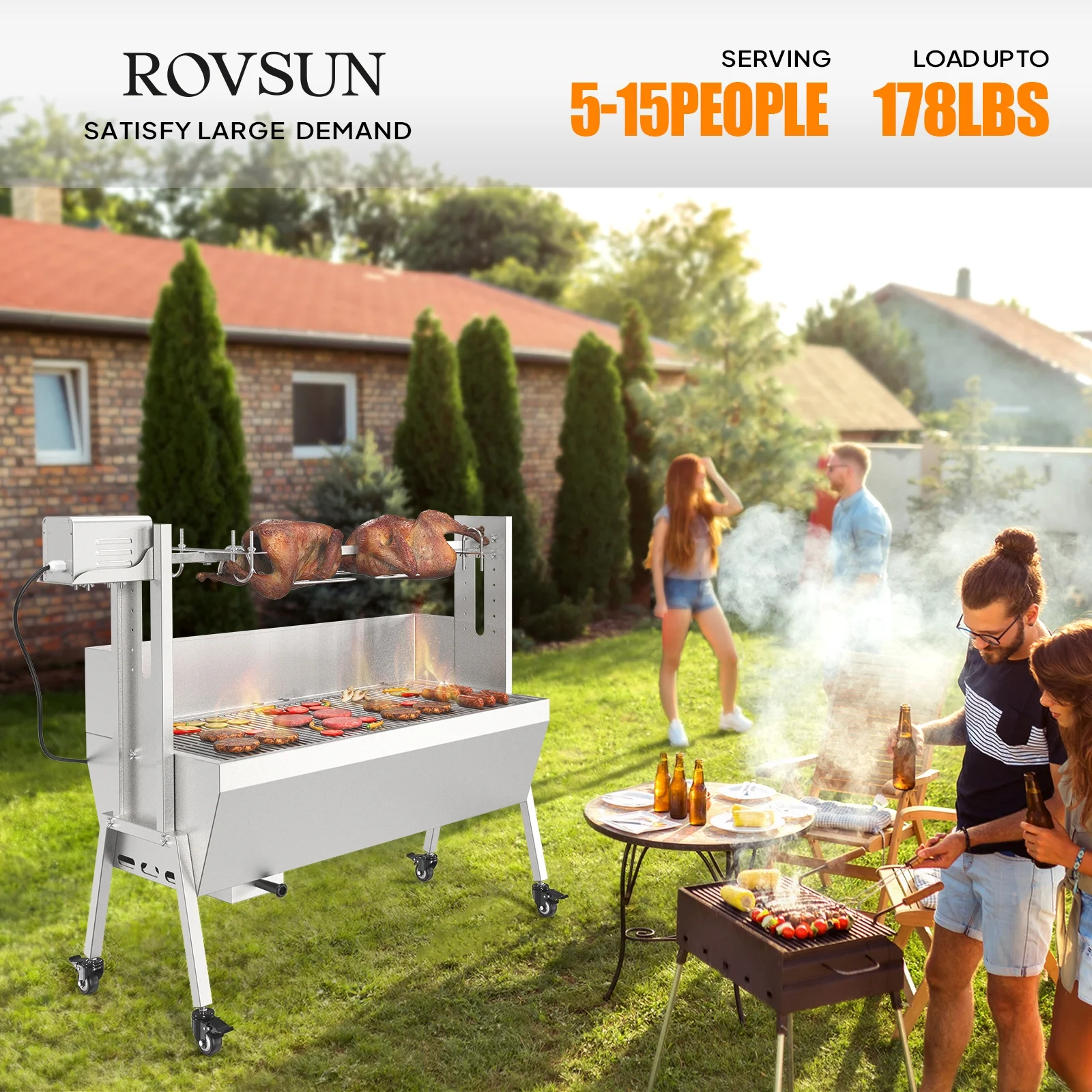 RovSun 46 Electric Rotisserie Grill 176 lbs Capacity 25w Pig Lamb Spit Roaster Rotisserie w/Lockable Wheels Wind Baffle with Adjustable Height