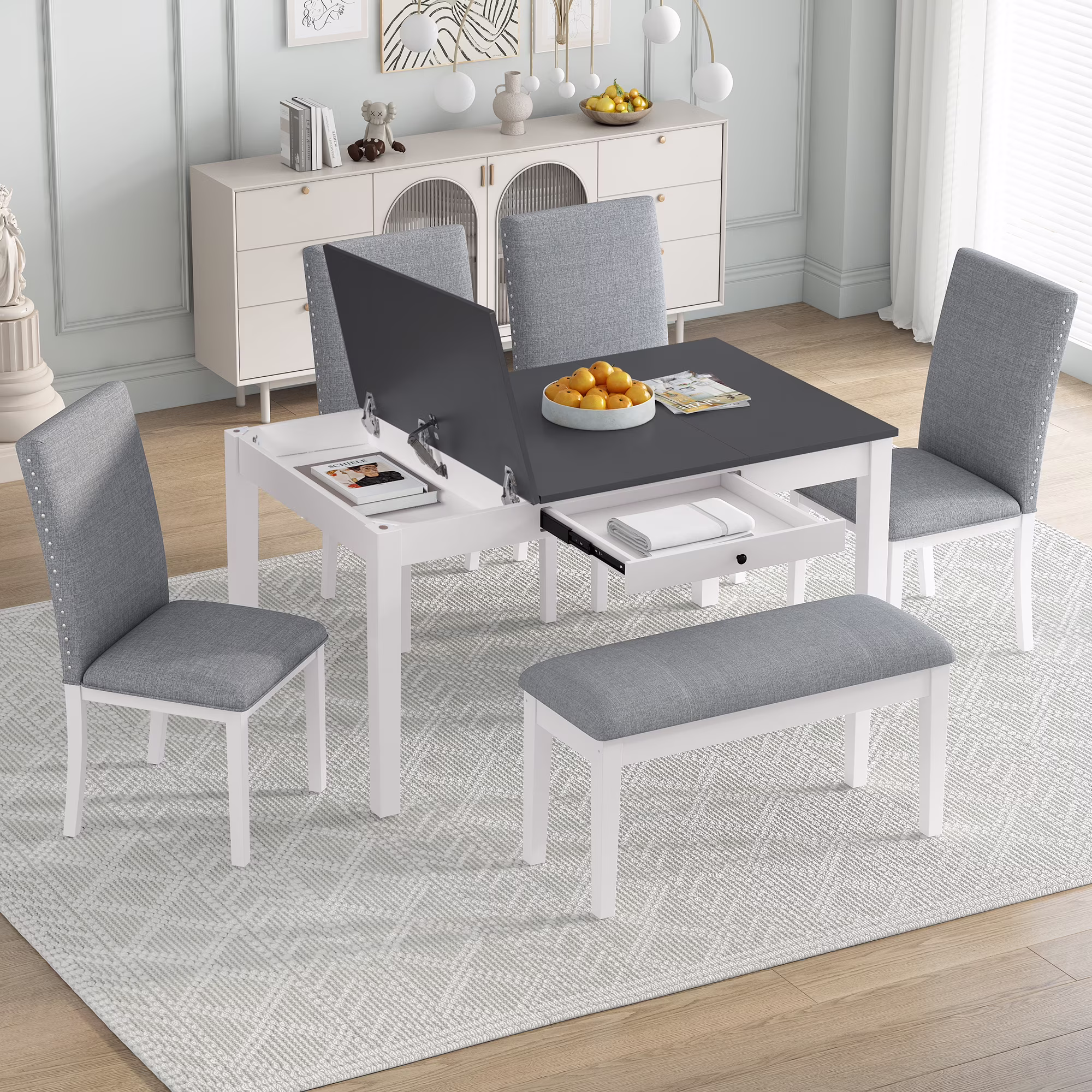 Harper & Bright Designs 6 Pieces Dining Table Set with Bench for 6, Kitchen Table Set with Storage Drawer and 4 Upholstered Dining Chairs, Dark Brown