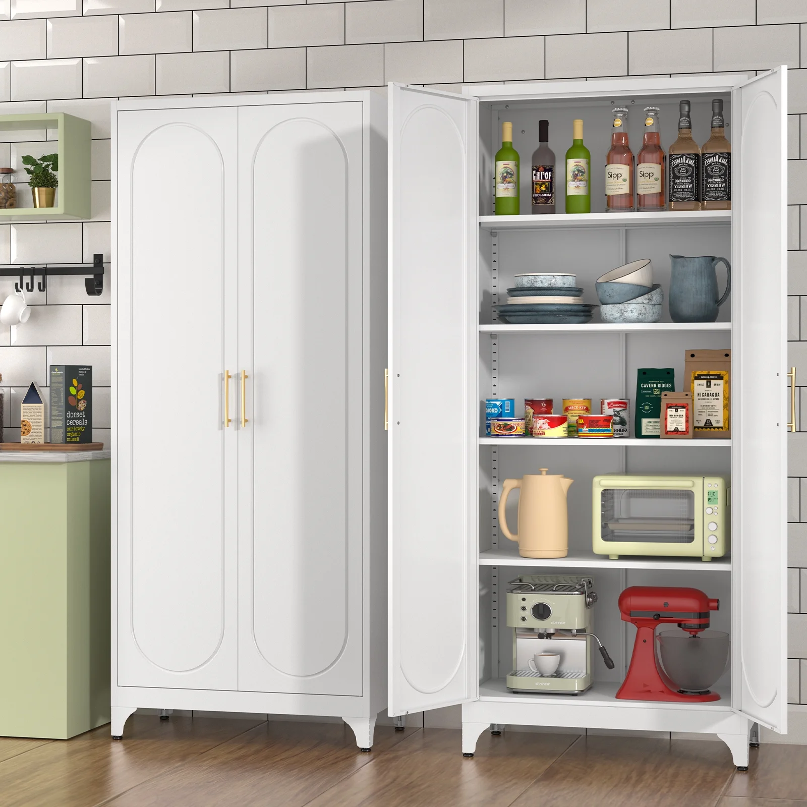 Polup White 75" H Modern Kitchen Storage Cabinet with Doors and Adjustable Shelves