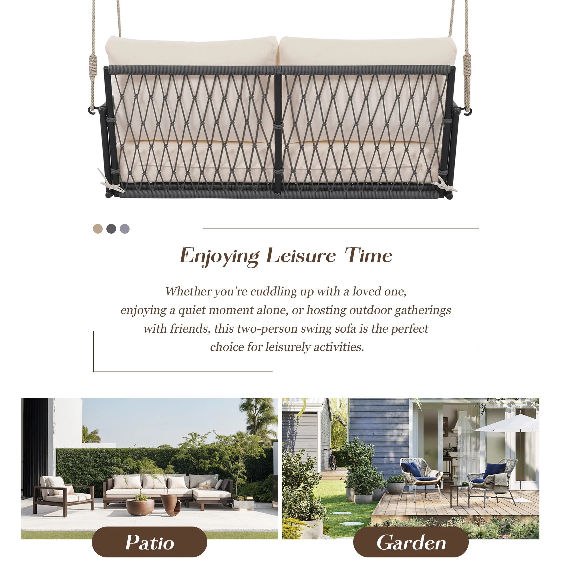 Harper & Bright Designs PE Ratten Porch Swing Chair, 2-Seater Hanging Swing Bench with Chains, All Weather Design Patio Furniture Swing for Backyard Garden Poolside, Grey and White