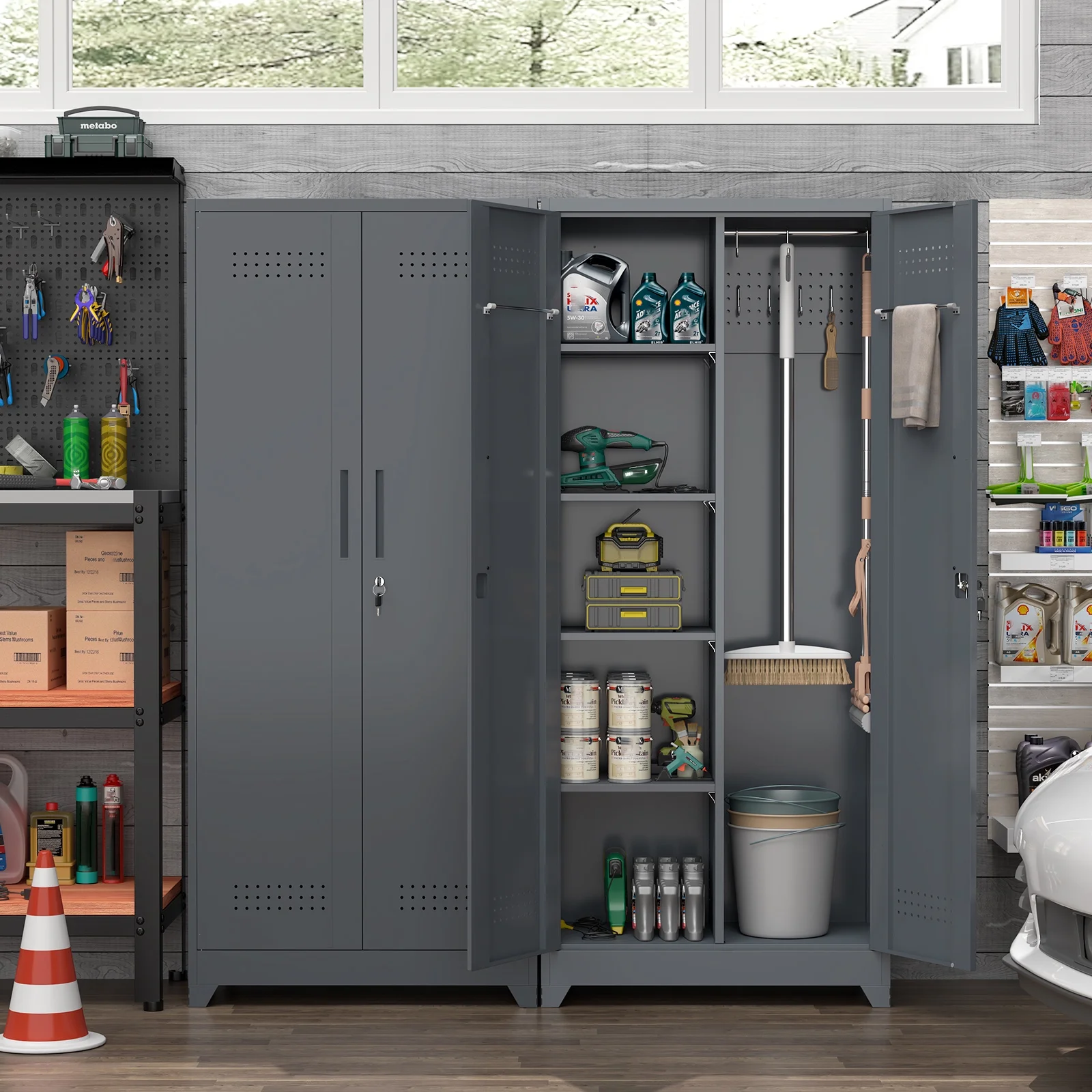 Marcree Broom Closet with Locking Doors,72.8-H Cleaning Tool Storage Cabinet with Hanging Rod & Hooks,Heavy-Duty Tool Garage Storage Cabinet for Utility Room,Grey