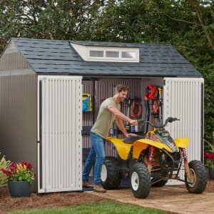Rubbermaid Resin Outdoor Storage Shed With Floor Weather Resistant Gray Organization for Home