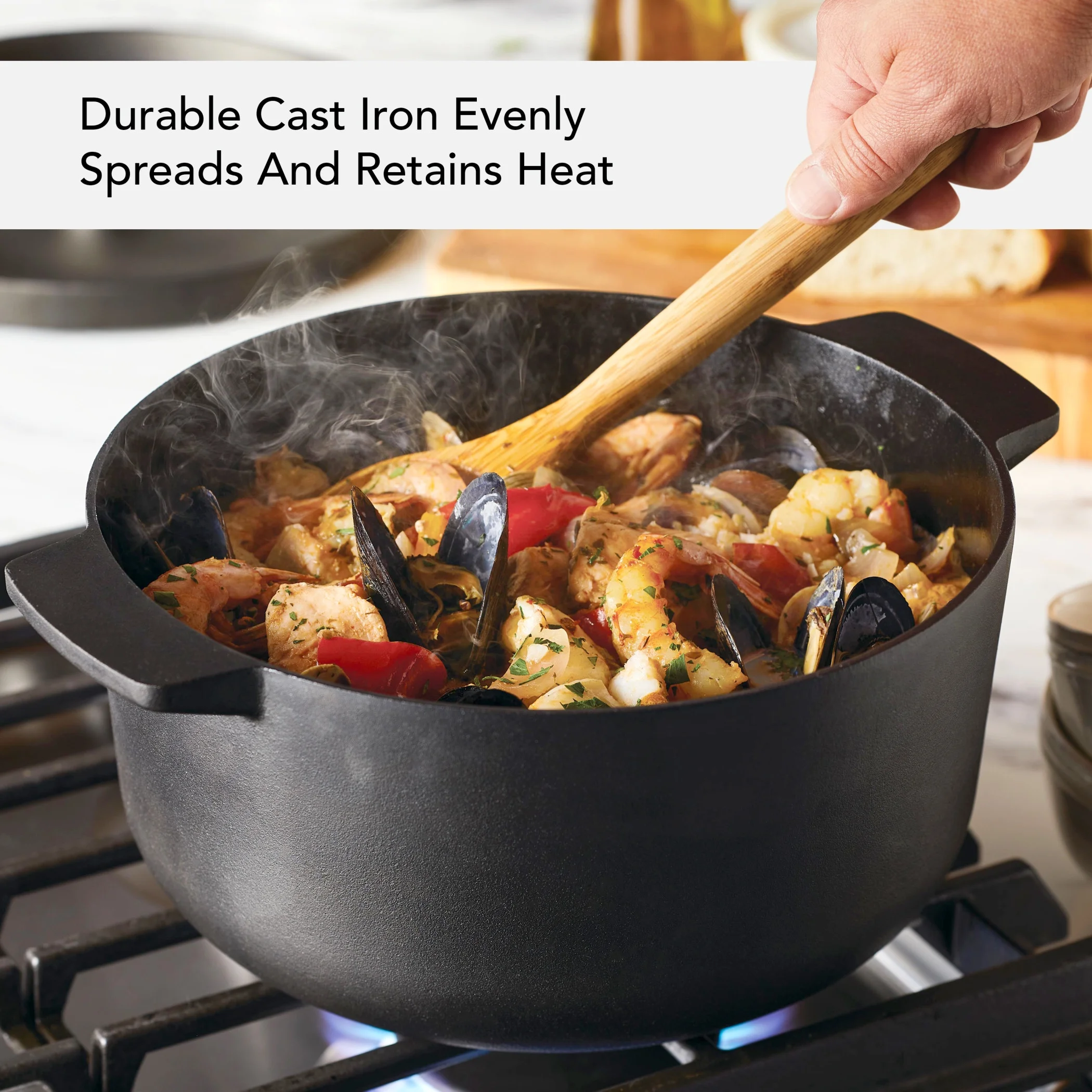 KitchenAid Seasoned Cast 6 Quart Iron Induction Dutch Oven Casserole, Metal Utensil, Broiler and Oven Safe to 500-F, Cast Iron Black
