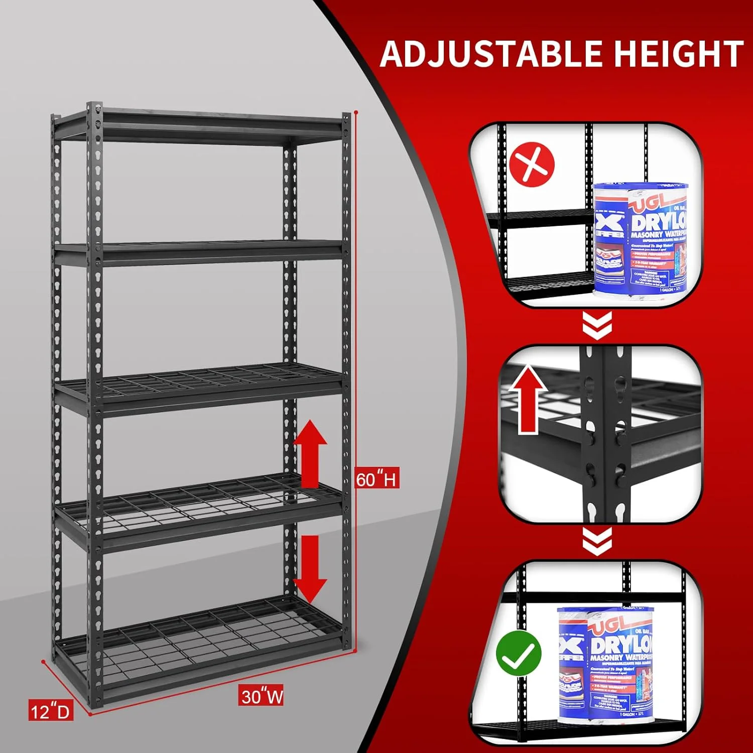 Shuntong The Atlas 60"H Heavy Duty Garage Shelving, 5-Tier Metal Shelving Unit, Adjustable Storage Rack, Industrial Strength Shelves for Heavy Tools and Equipment, Black, Load 2500 lbs
