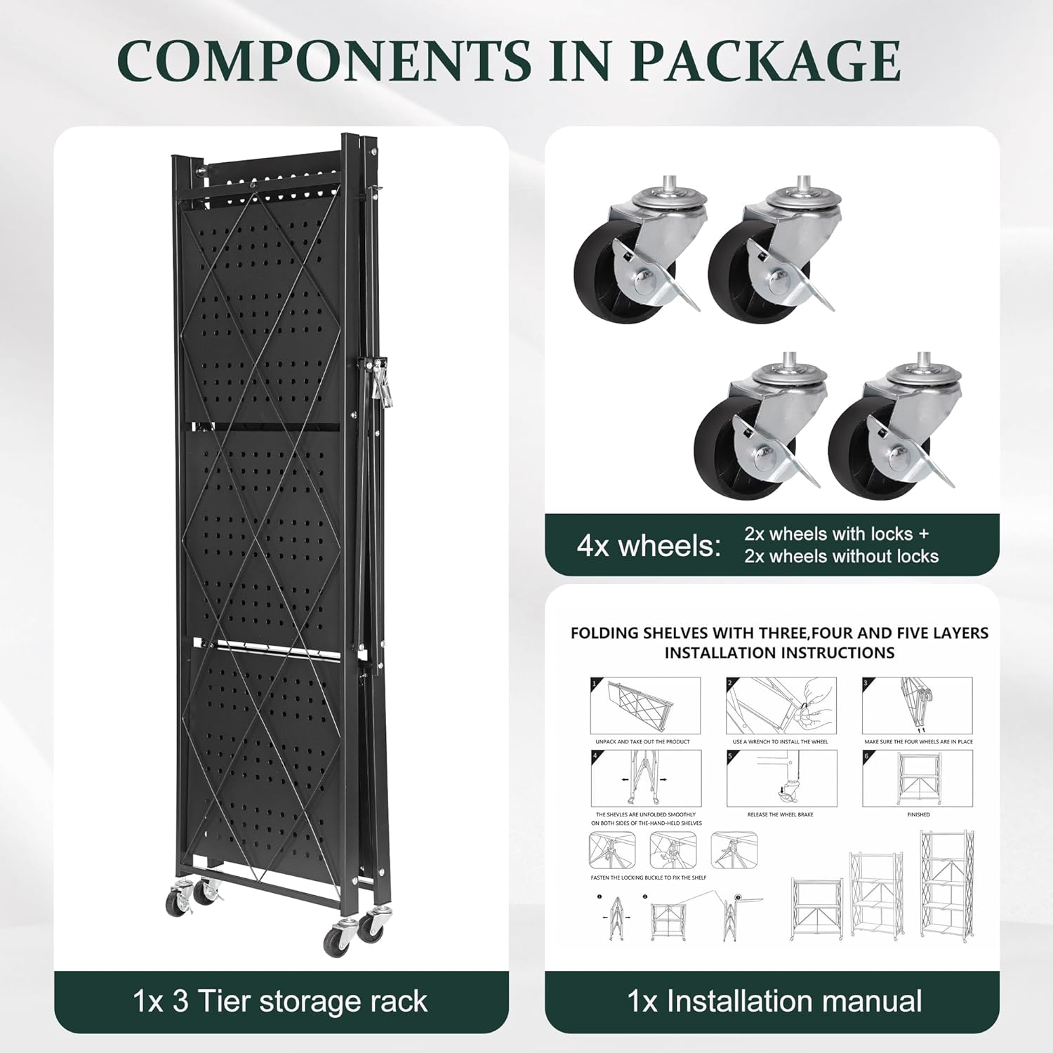 Foldable 4-Tier Storage Shelves with Wheels, No Assembly Bookshelf, Heavy Duty Kitchen Racks and Shelves, Rolling Microwave Cart, Black