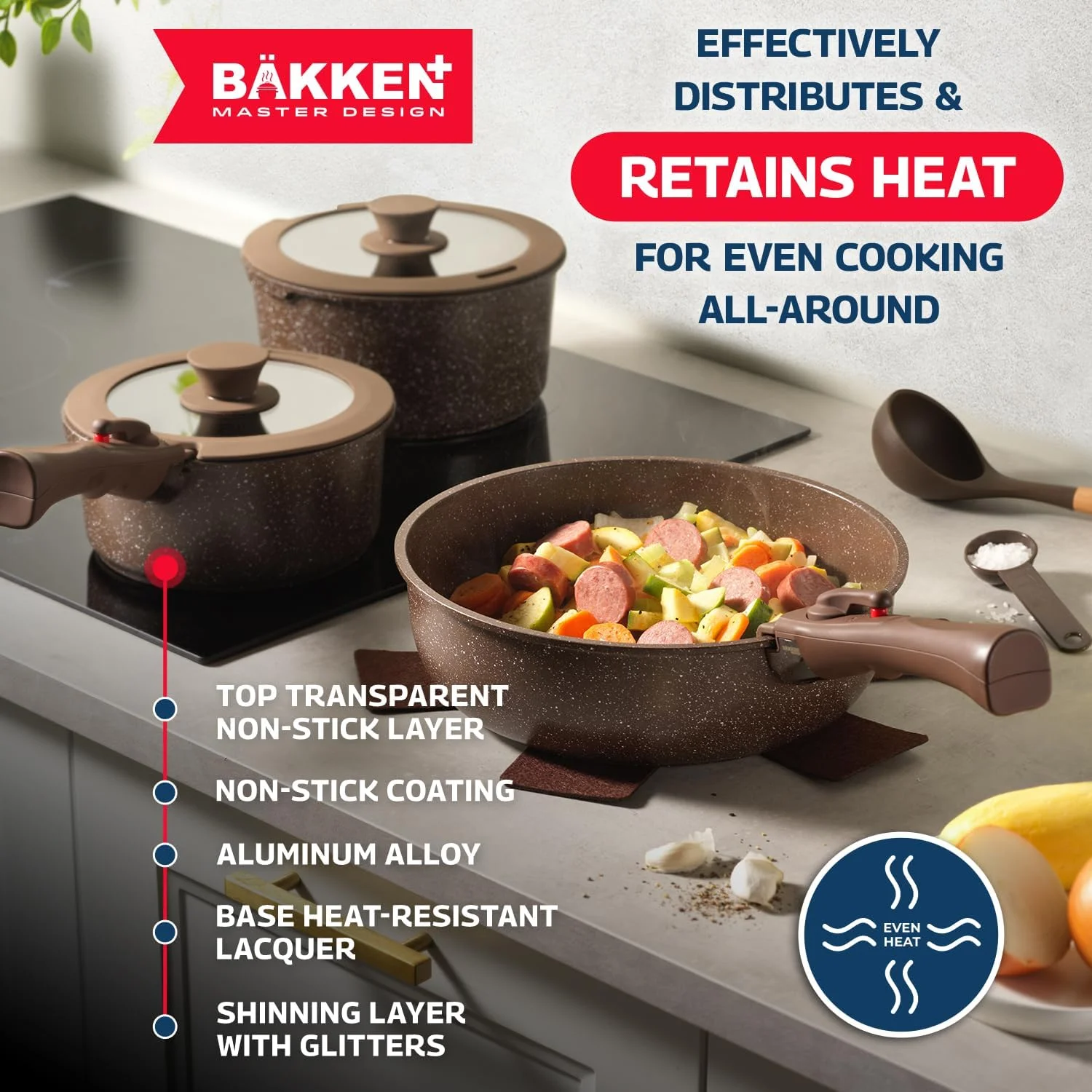 Bakken Master 38 Piece Granite Cookware and Bakeware Set -C Nonstick Granite Coating, Pots and Pans with Detachable Handles and Tempered Glass Lids, 6-piece Bakeware set, 12-piece Mixing Bowls,Brown