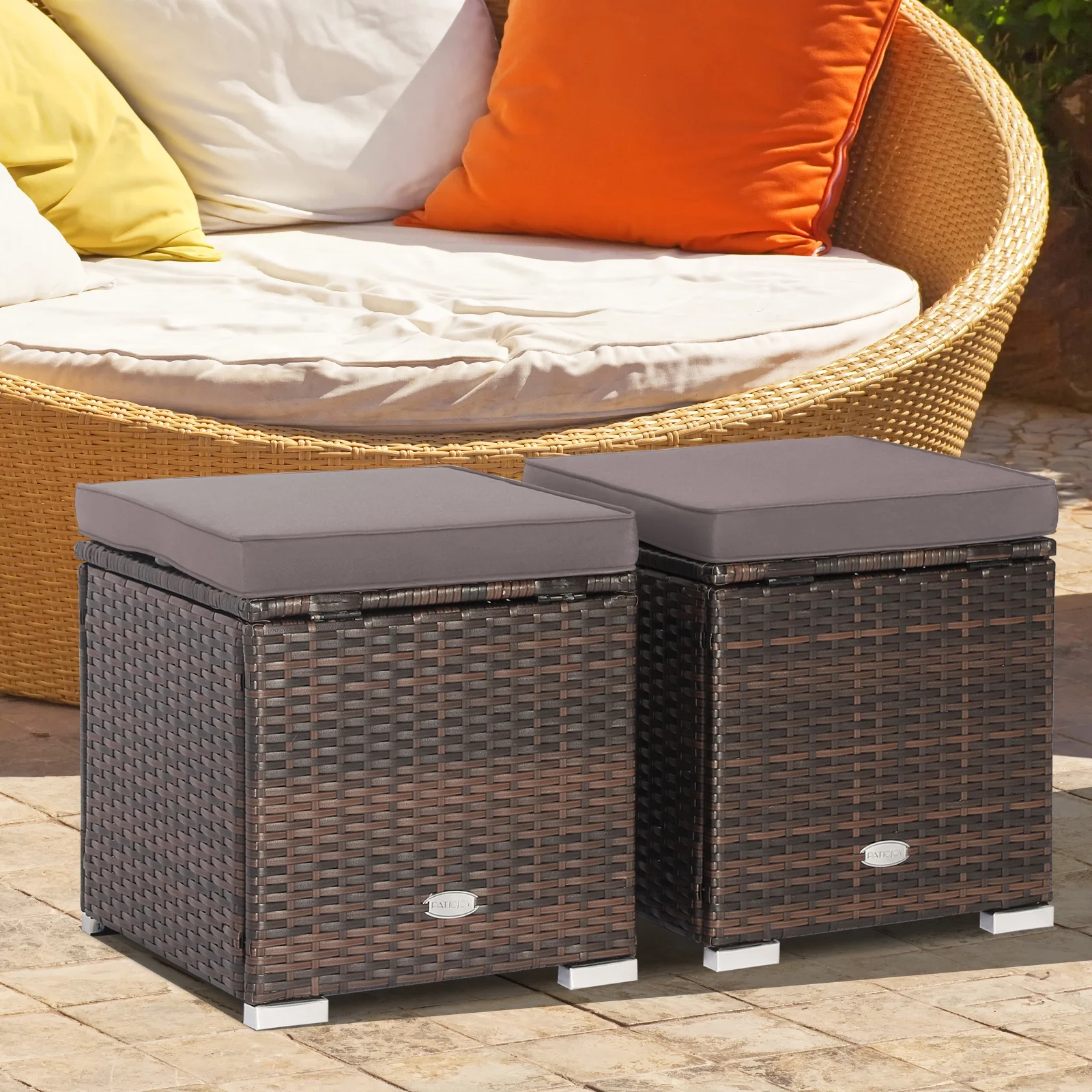 Costway 2PC Patio Rattan Ottoman Seat Side Table Storage Box Footrest Off White