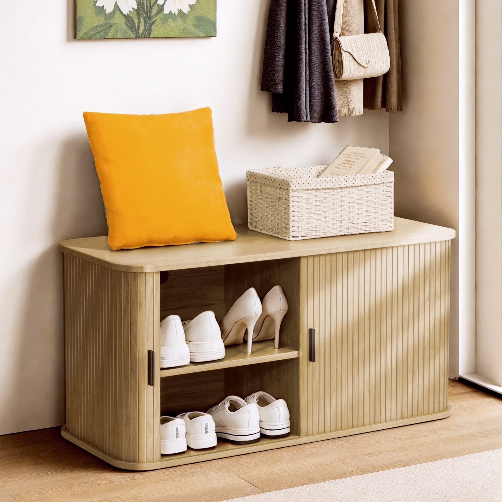 Putuo Decor Fluted Entryway Shoe Storage Bench with Adjustable Shelf, Shoe Rack Bench with Sliding Tambour Door for Living Room, Bedroom, Hallway, Walnut