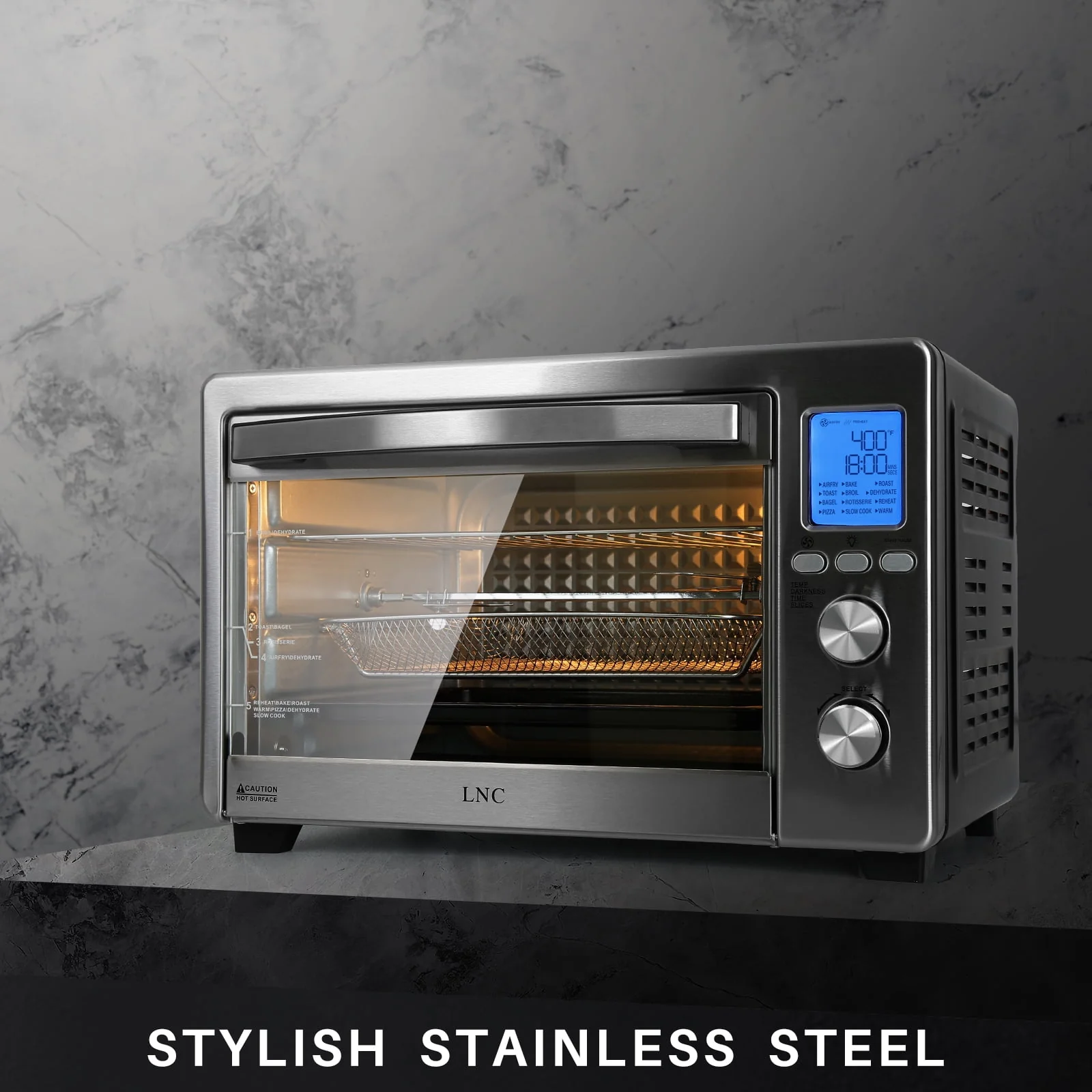 LNC Air Fryer Toaster Oven 12-in-1 Countertop Oven with Speedy Convection, Large 34 QT Capacity, 1750W, Stainless Steel - Black