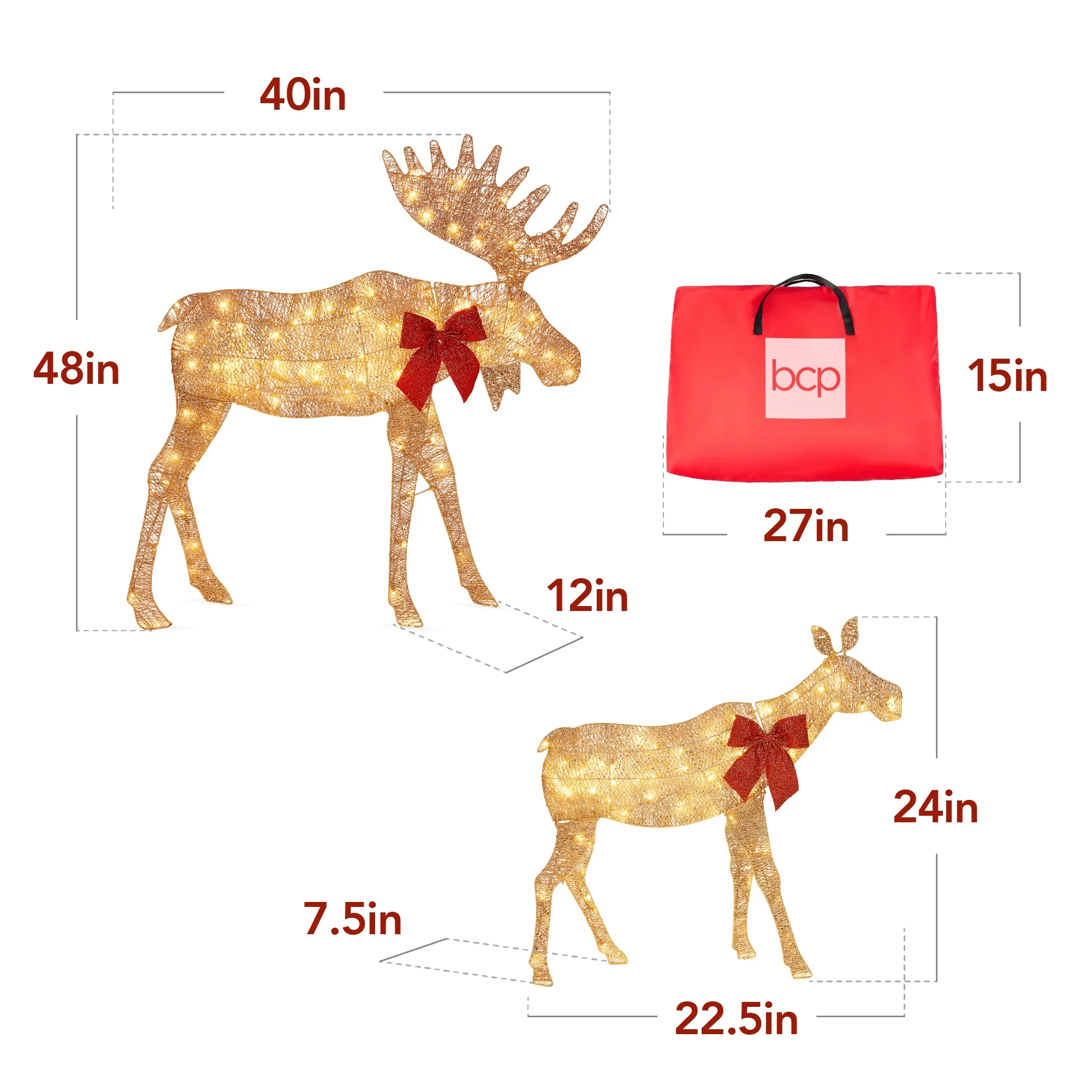 Best Choice Products 4ft 2-Piece Lighted 2D Christmas Moose Set Outdoor Decor w/ 125 LED Lights, Stakes - Rattan