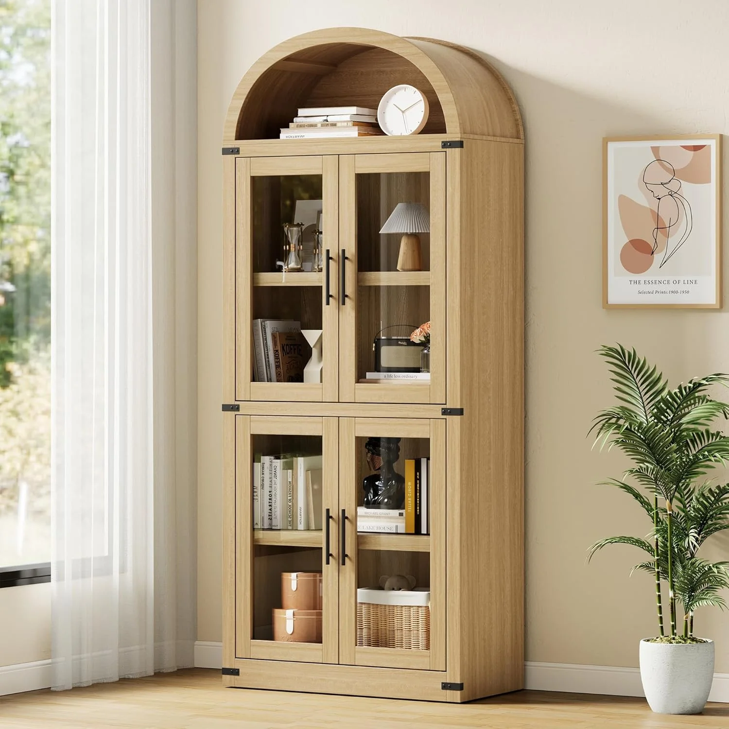AOILE 72" Tall Arched Farmhouse Bookcase with Doors, Wooden Display Cabinet with Storage Shelves