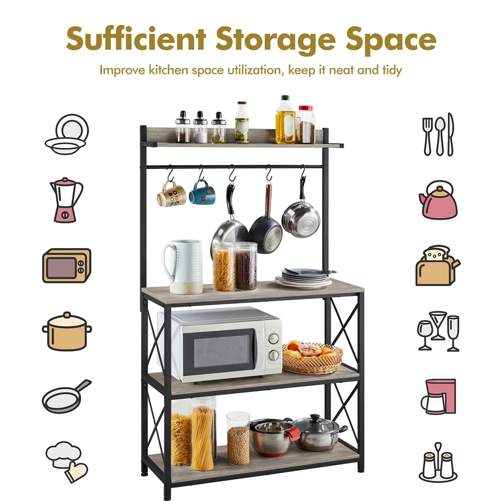 SmileMart 4-Tier Bakers Rack Kitchen Storage Shelf with S-Hooks, Gray