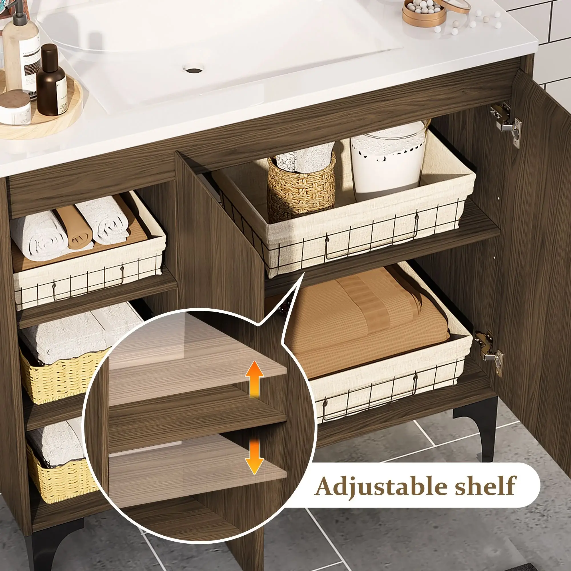 JUSTLET 36" Bathroom Vanity with Sink, Wood Bathroom Vanity Cabinet with Adjustable Shelf and Metal Legs, Bathroom Storage Cabinet with Resin Basin for Bathroom, Natural