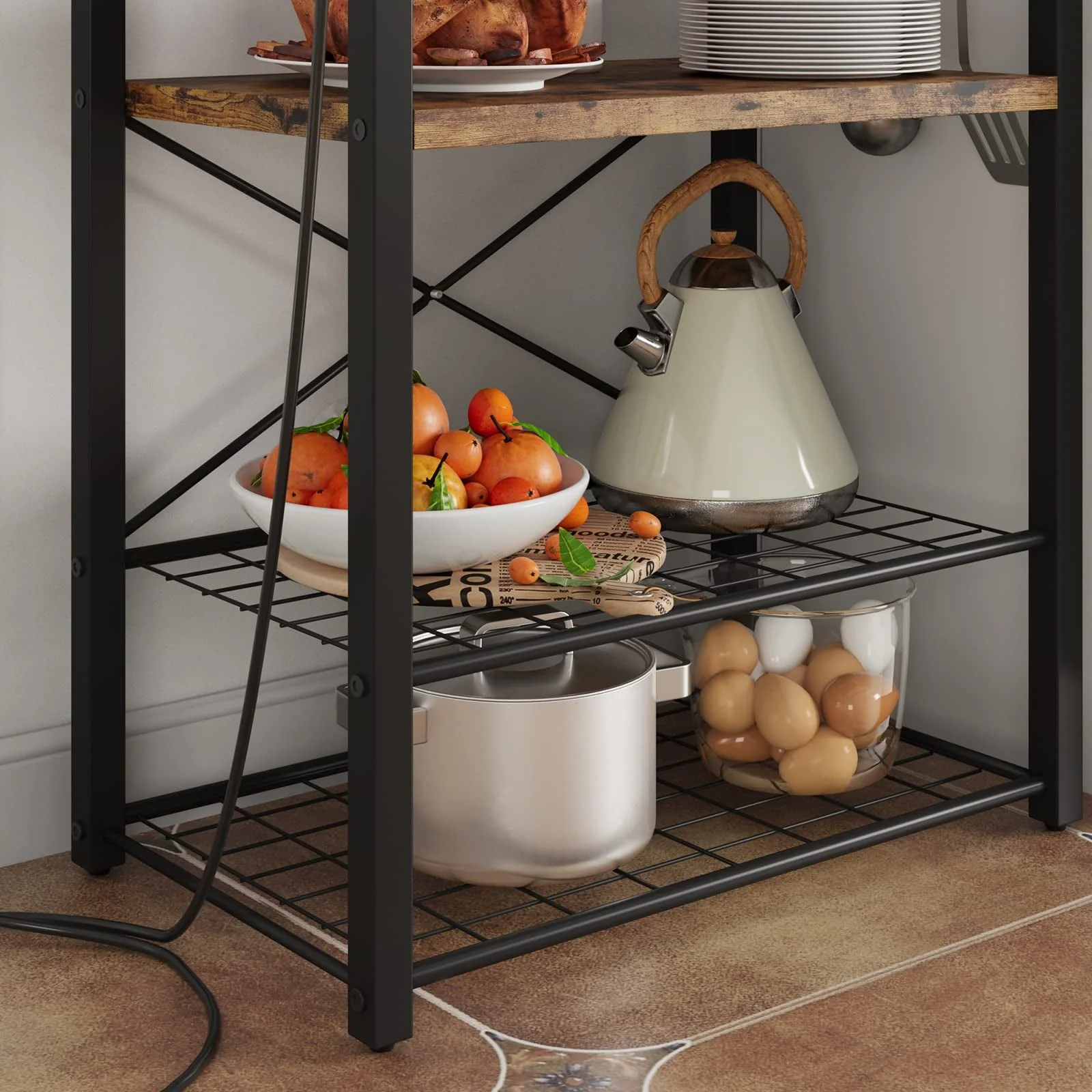 Litake Bakers Rack with Power Outlet, Industrial Microwave Stand, Coffee Bar Table Station with Metal Wire Panel, Kitchen Storage Rack with 8 Hooks, Buffet Table with Hutch, Rustic Brown