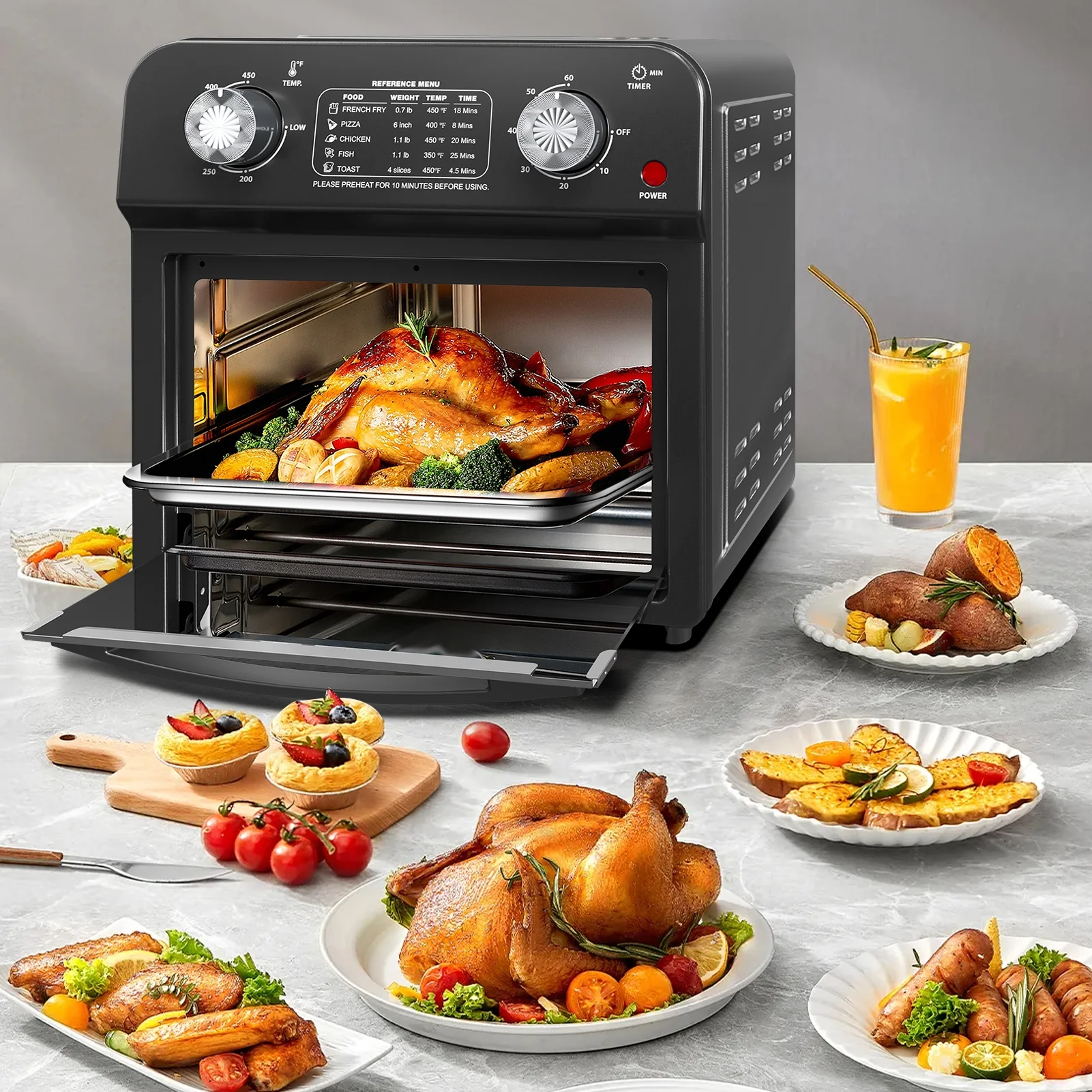 PlumChef 13 Quart 4 Slices Air Fryer Convection Toaster Oven, 1500W, 7 in 1 Multifunction with Roast, Bake, Grill, Broil, Toast, Dehydrate, Defrost, Stainless Steel