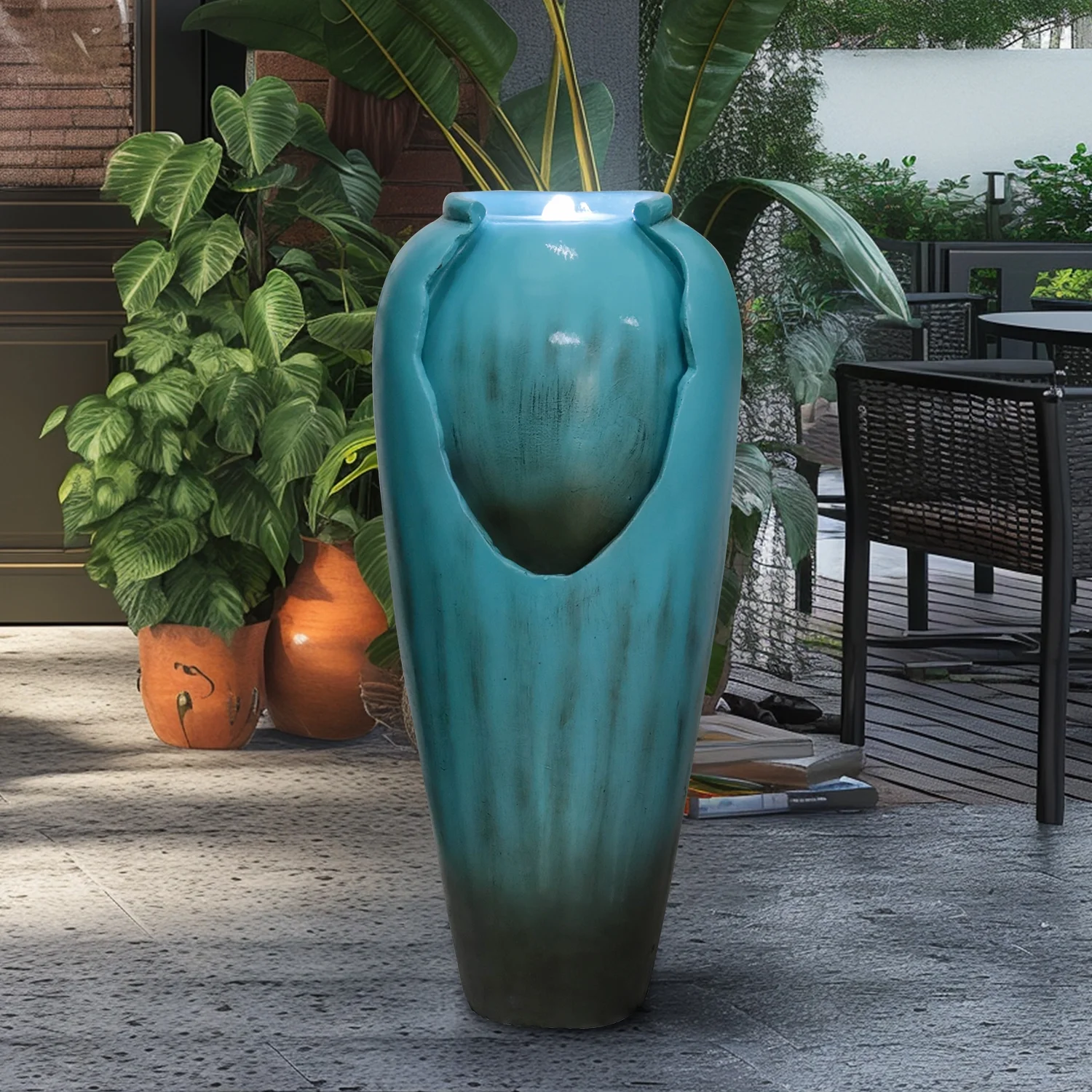 ourrco 30.7"H Concrete Vase Water Fountain, Modern Cascading Waterfall Feature with LED Lighting and Pump, Perfect for Indoor or Outdoor Home and Garden Decor, Red