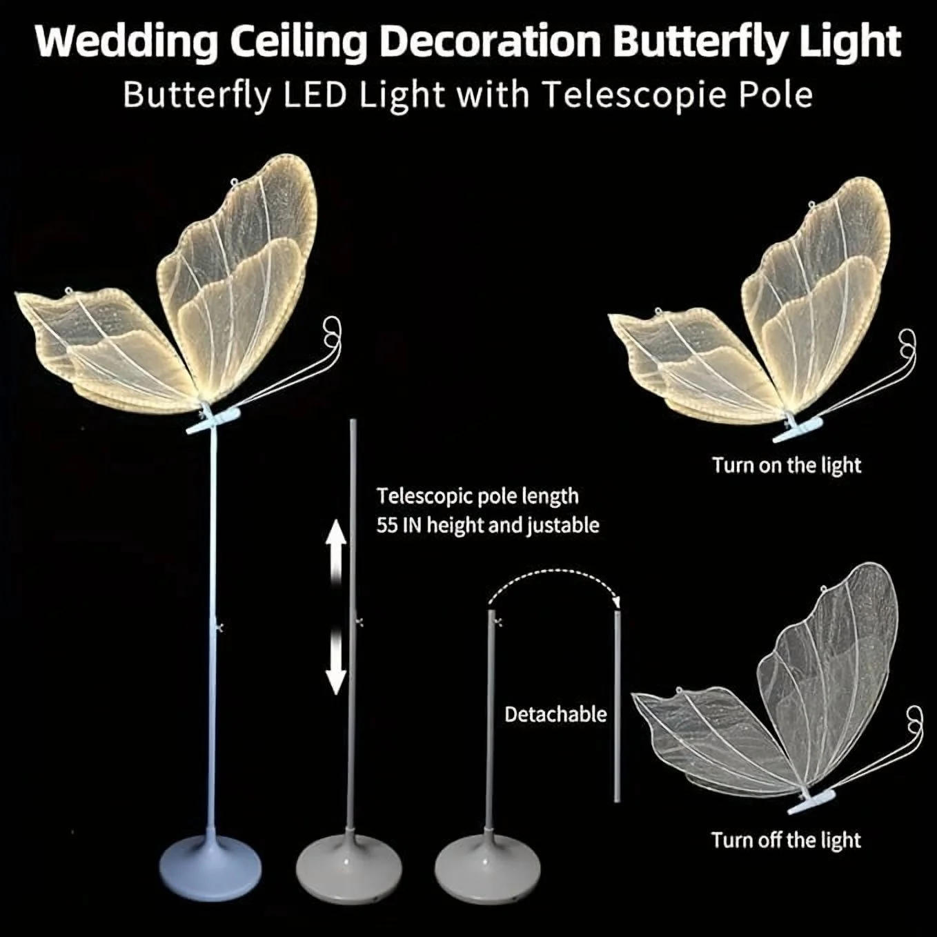 2-Pack Romantic Butterfly Floor Lamp with LED Lights, White & Gold Options, for Wedding, Party, Home Decor, Hanging Chandelier (Multiple Sizes, US Plug)