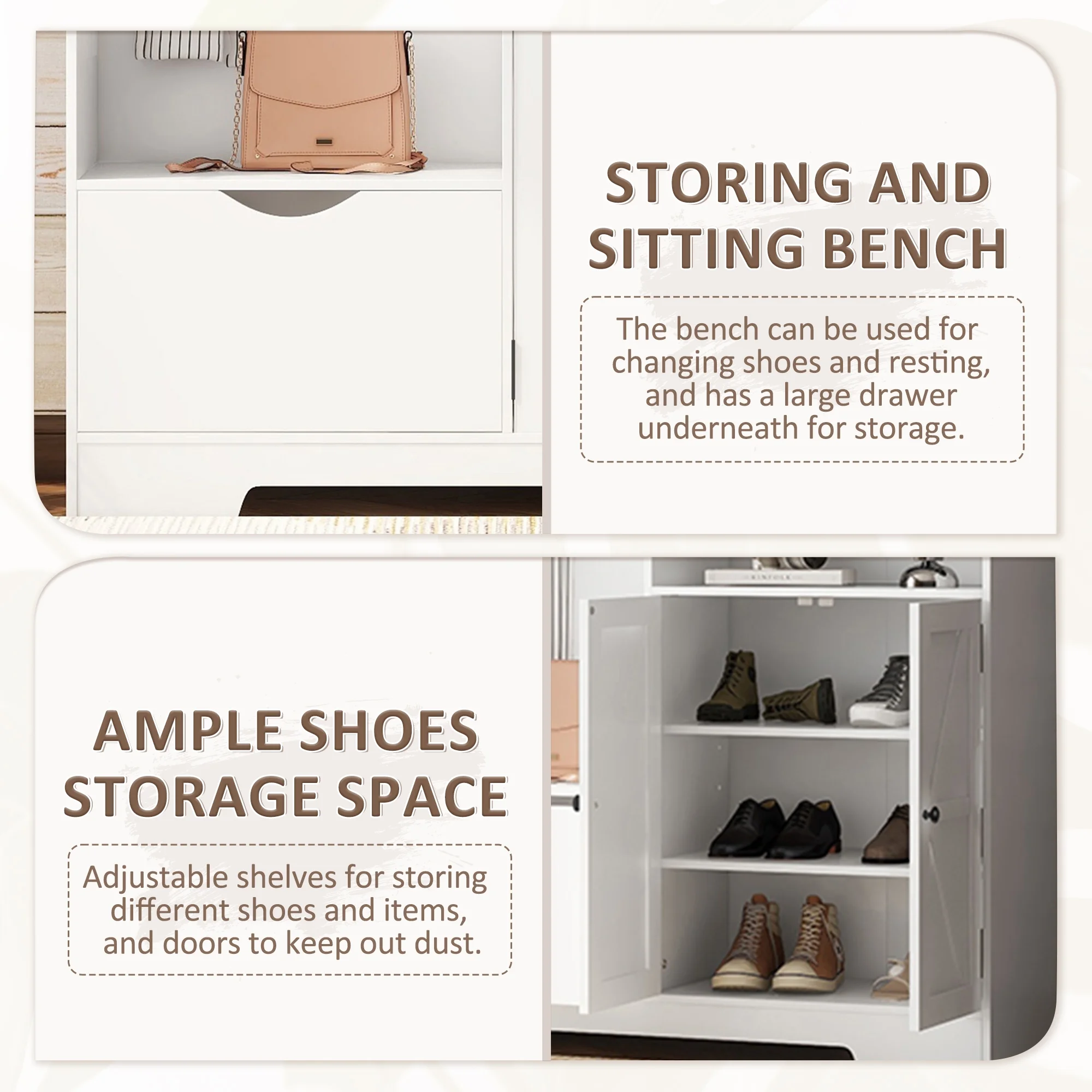 Bellemave 59"W Farmhouse Hall Tree with Storage Shelves and Shoes Rack Multi-functional Coat Rack with Hooks Entryway Shoes Storage Seating Bench Coat Hanger for Hallway (Black, With Shoes Rack)