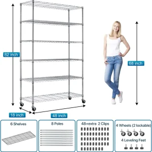 6 Tier Wire Shelving Unit Metal Storage Shelves w/Wheels, 350 Capacity Per Shelf, Heavy Duty Steel Garage Shelf, 48" L X 18" W X 82" H Pantry Kitchen Closet Racks