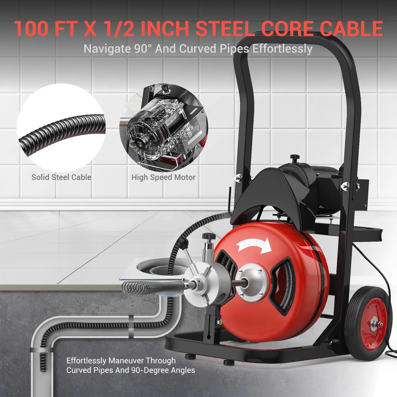 Ataucjin Drain Cleaner Machine,100Ft Drain Cleaning Machine,450W Auto Feed Sewer Snake Auger,Portable Electric Drain Auger Cleaner With 4 Cutter Air-Activated Foot Switch For 2" To 4" Pipes
