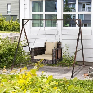 Zimtown Patio Rattn Wicker Swing, Outdoor Bench w/ Blue Cushion, Outdoor Seat Garden Swing for 2 Person