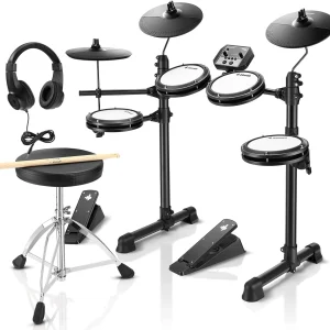 Donner DED-80 Electronic Drum Set, Electric Drum Set for Beginner with 4 Quiet Mesh Drum Pads, 2 Switch Pedal, 180+ Sounds, Throne, On-Ear Headphones, Sticks, and Melodics Lessons Included.