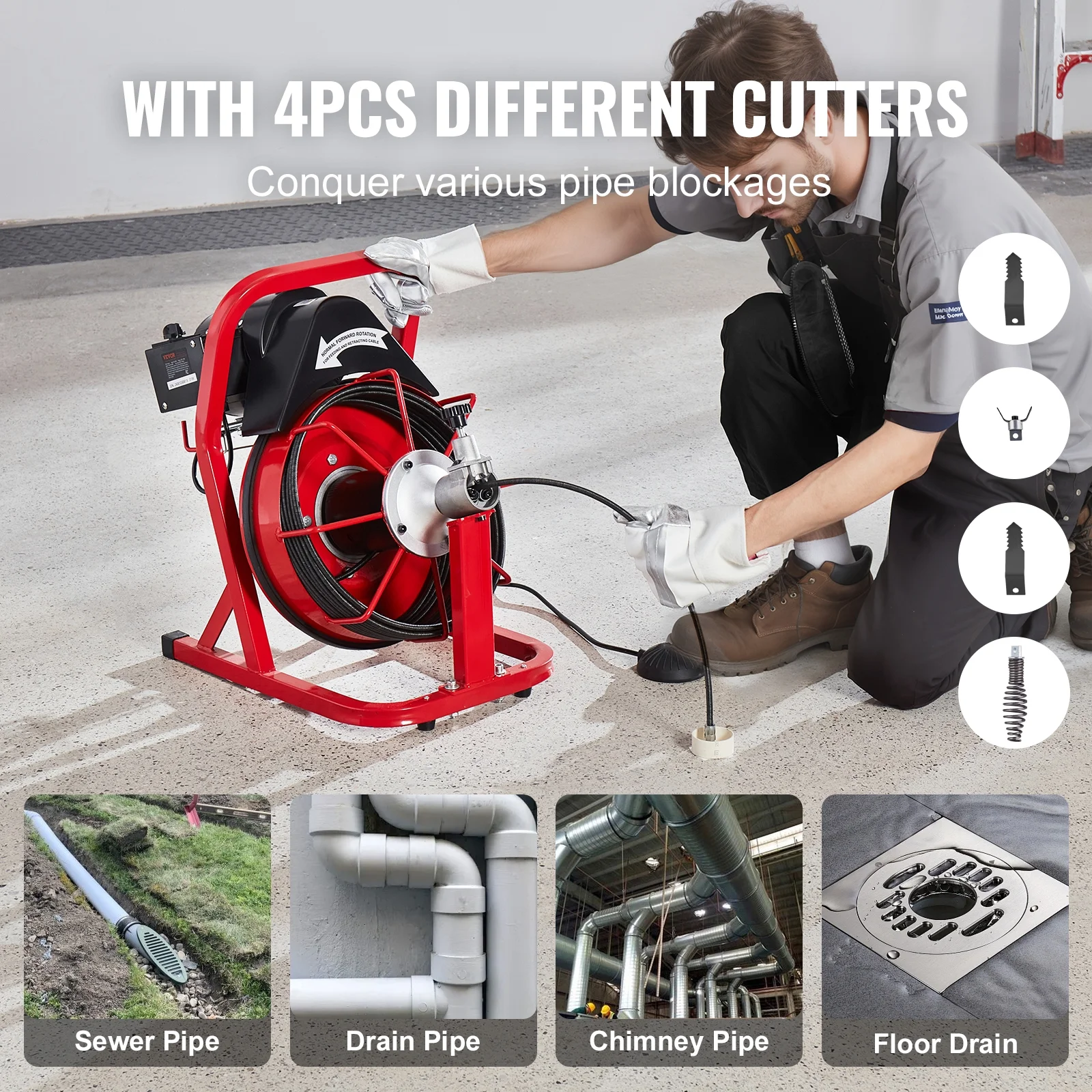 VEVOR Drain Cleaner Machine 50FT x 3/10 Inch, Auto Feed Sewer Snake Auger, Electric Drain Cleaning Machine with 4 Cutters & Air-activated Foot Switch for 2" to 4" Pipes