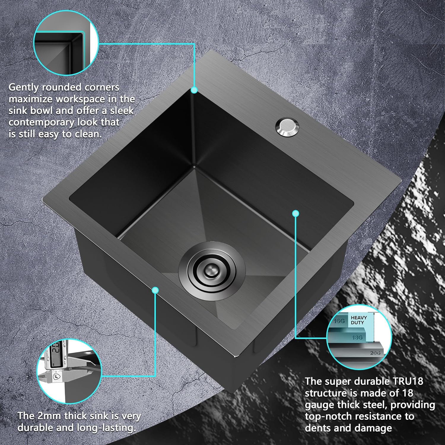 15 x 15 Inch Black Drop In Kitchen Bar Sink, Small Kitchen Sink Single Bowl Topmount Bar Prep Sink 18 Gauge Stainless Steel Bar Sink with Grid and Basket Strainer