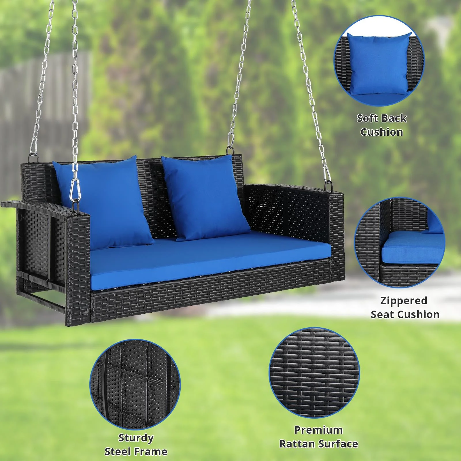 Zimtown Patio Rattn Wicker Swing, Outdoor Bench w/ Blue Cushion, Outdoor Seat Garden Swing for 2 Person