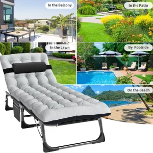 Slsy Folding Lounge Chair, 5-Position Adjustable Outdoor Reclining Chair, Folding Sleeping Bed Cot, Folding Chaise Lounge Chair for Pool Beach Patio Sunbathing