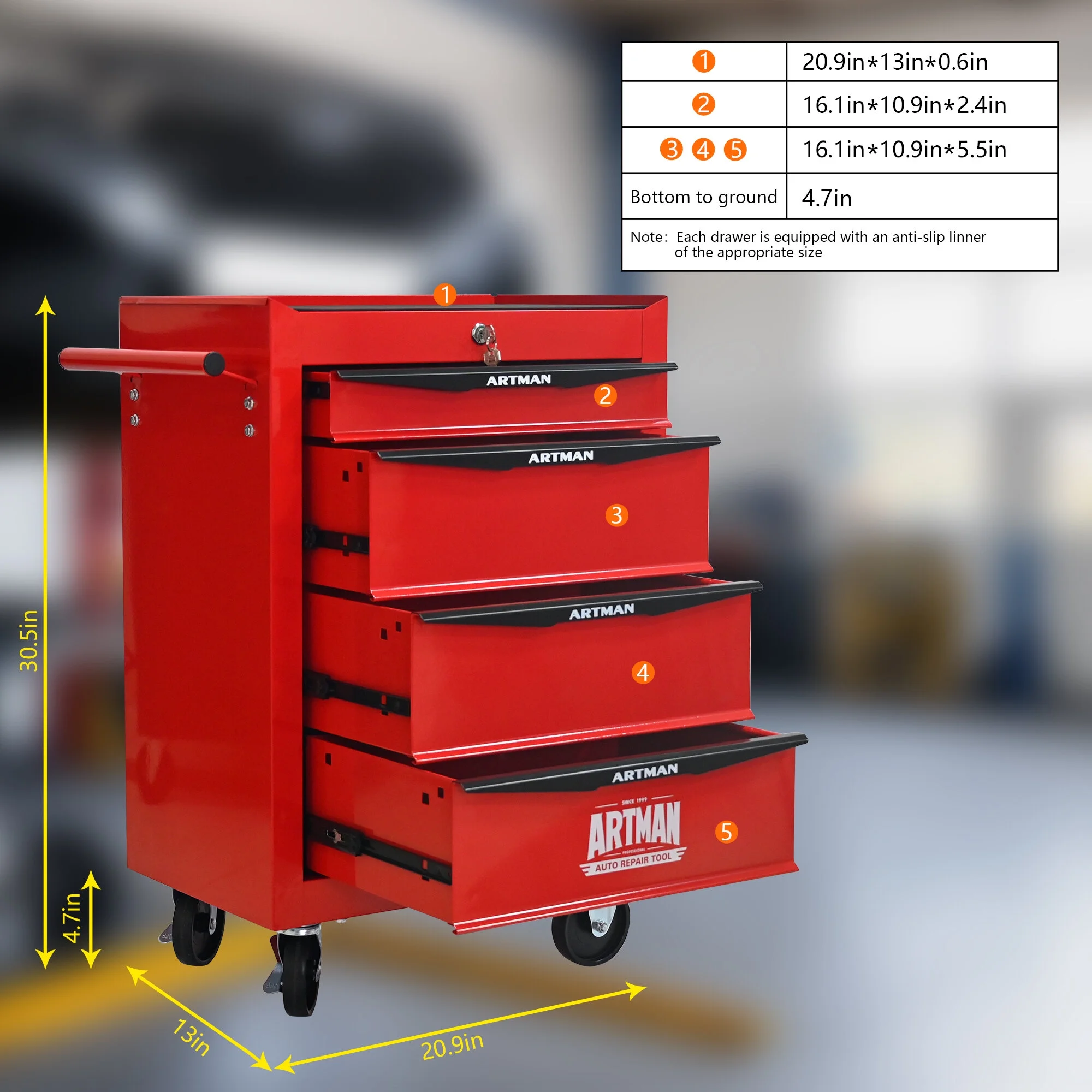 Tool Cabinets 4 Drawers Multifunctional Tool Cart with Wheels,Metal Rolling Tool Cart Storage for Garage Workshop Warehouse Repair Shop--With Stainless Steel Roof- Red&Black,Garage Tool Cabinets