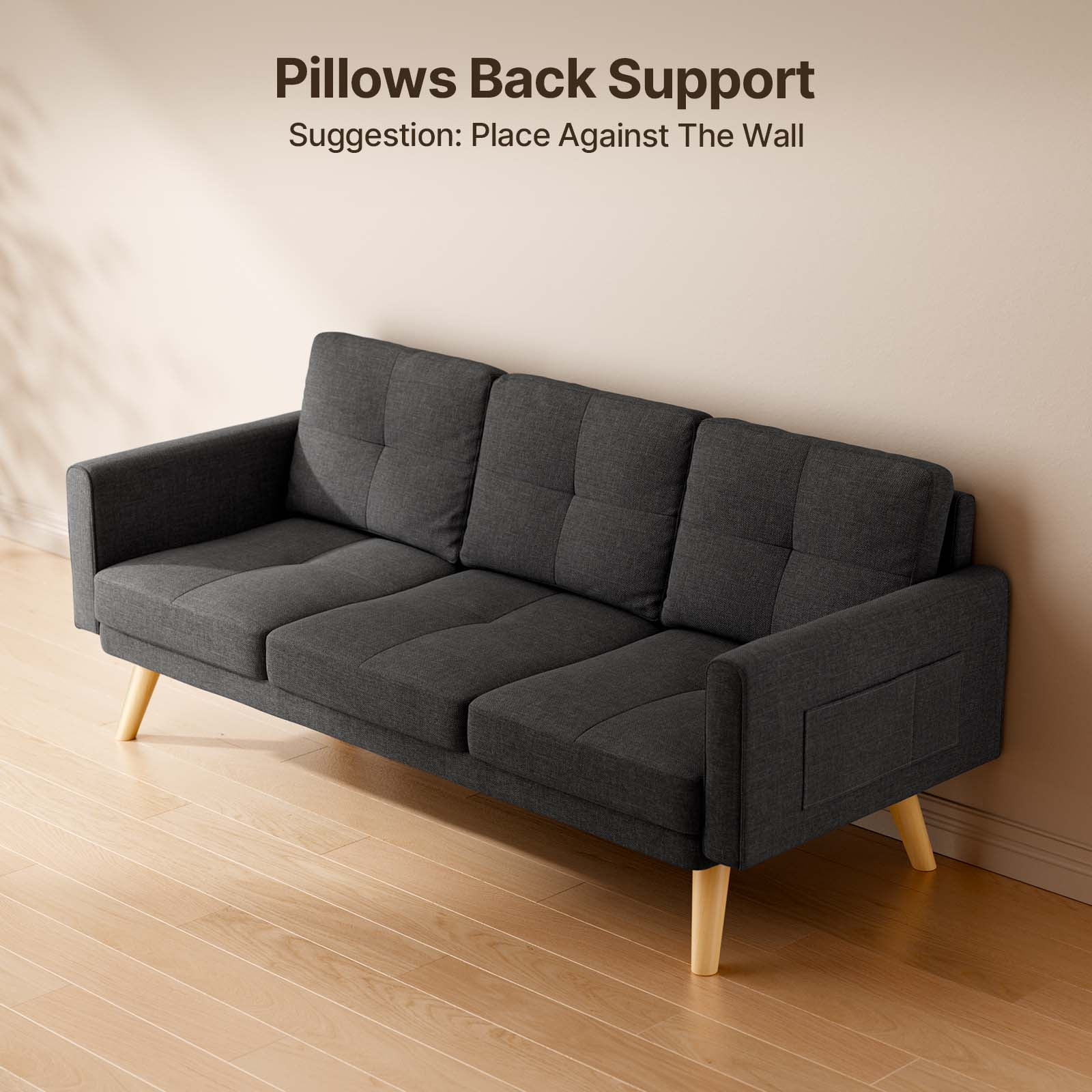 Modern Futon Sofa Bed with 3 Seats and Storage Pocket for Living Room & Office, Dark Gray