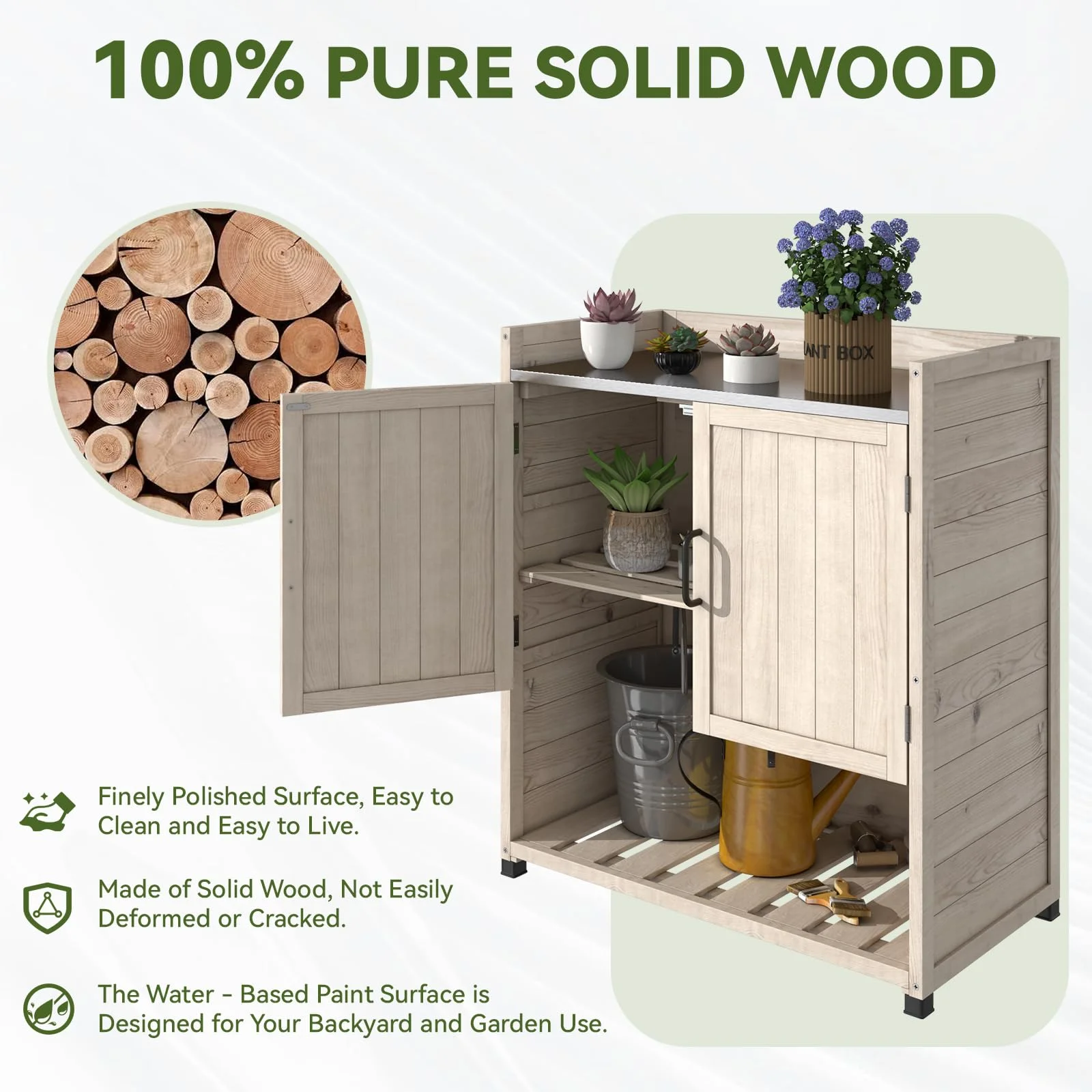 YODOLLA Potting Bench, Wooden Outdoor Storage Cabinet with Adjustable Shelf, Patio Storage with Metal Tabletop, Potting Table for Garden, Patio and Lawns, Gray