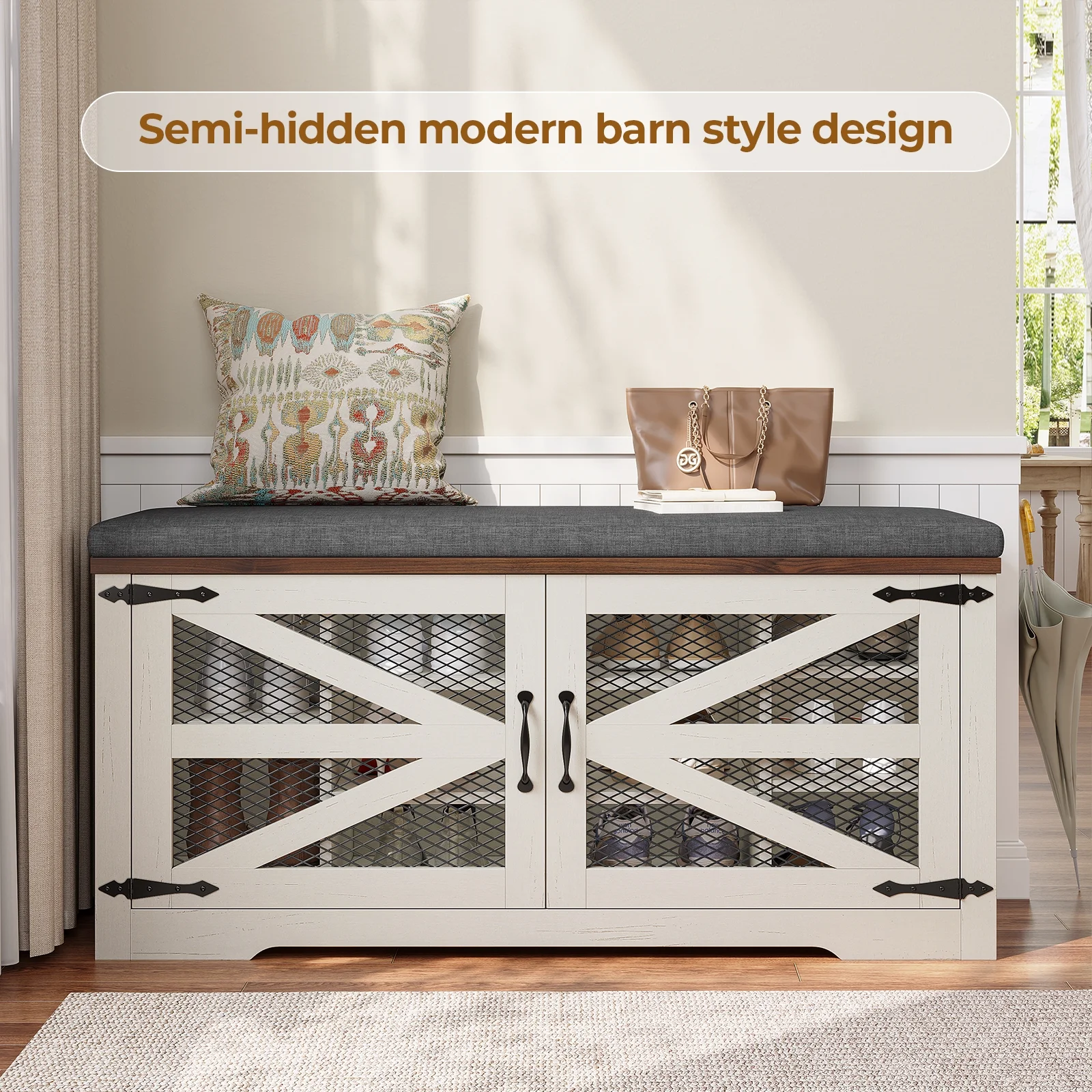 Farmhouse Storage Bench with Cushion, 31.4in Shoe Cabinet with Metal Barn Door and Half Hidden Storage Space for Entryway, Bedroom, Living Room, Old White