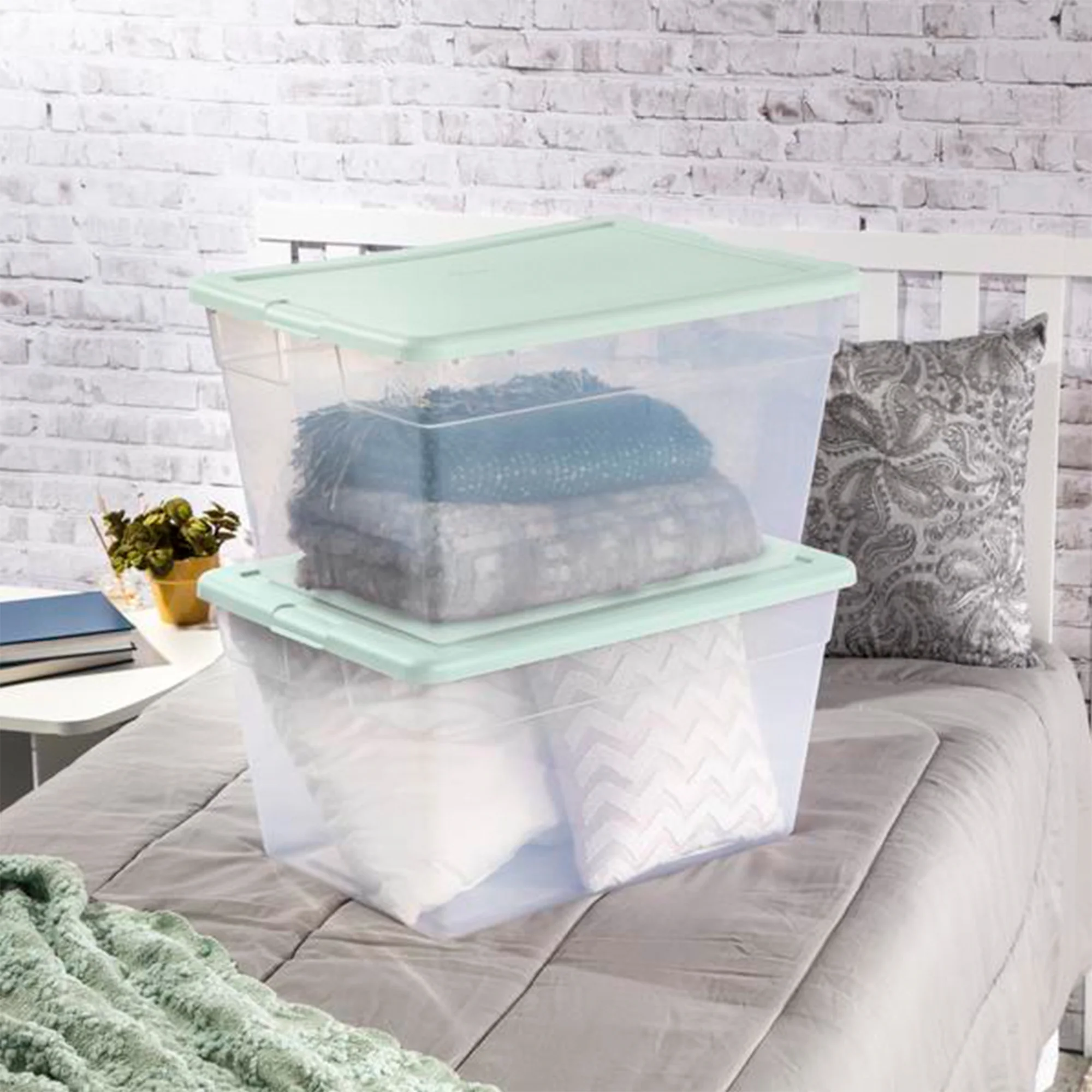 Sterilite 24 Pk Storage Tote Container, 56 Qt, Clear, Mindful Mint Lid